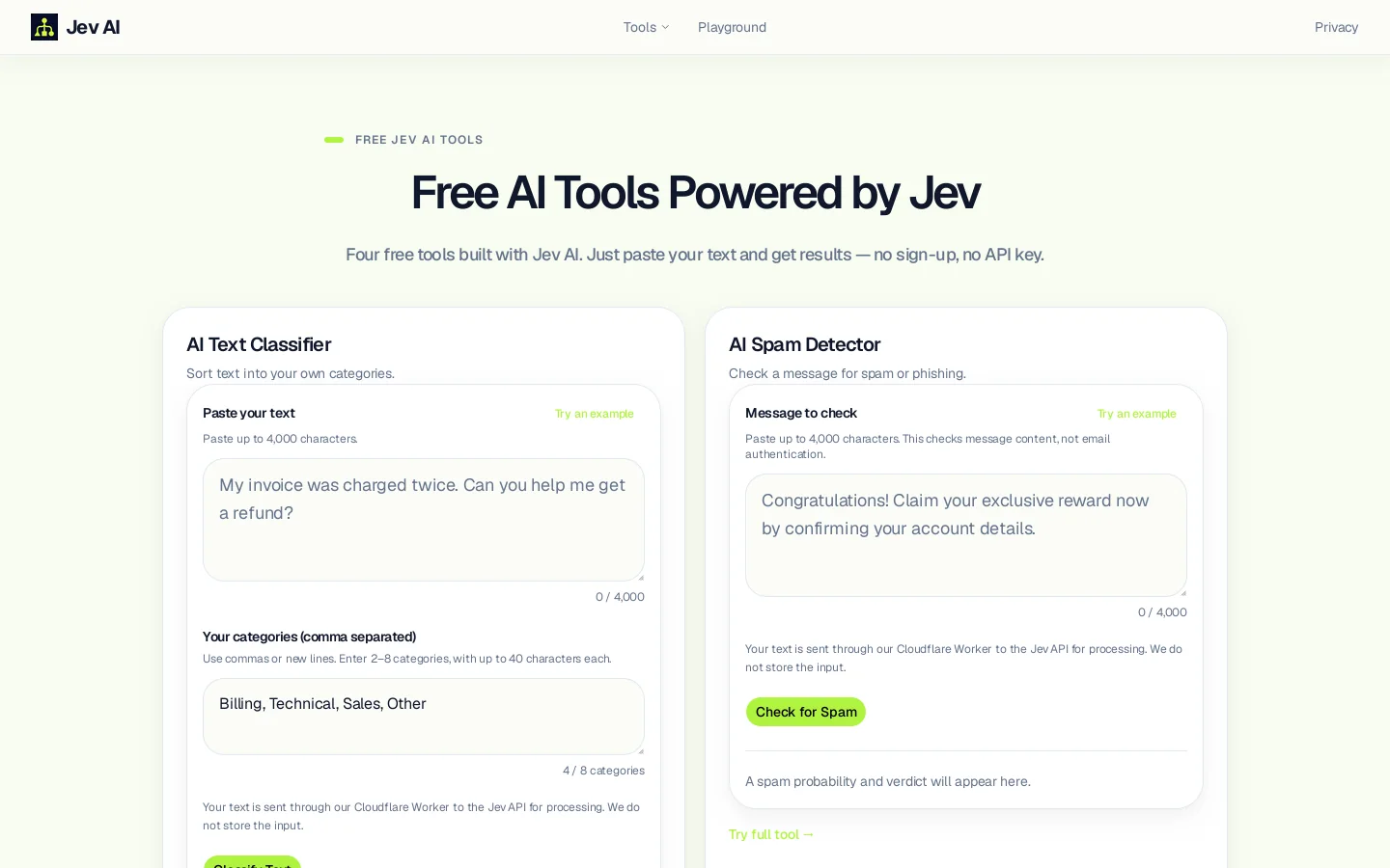 Jev AI Homepage screenshot