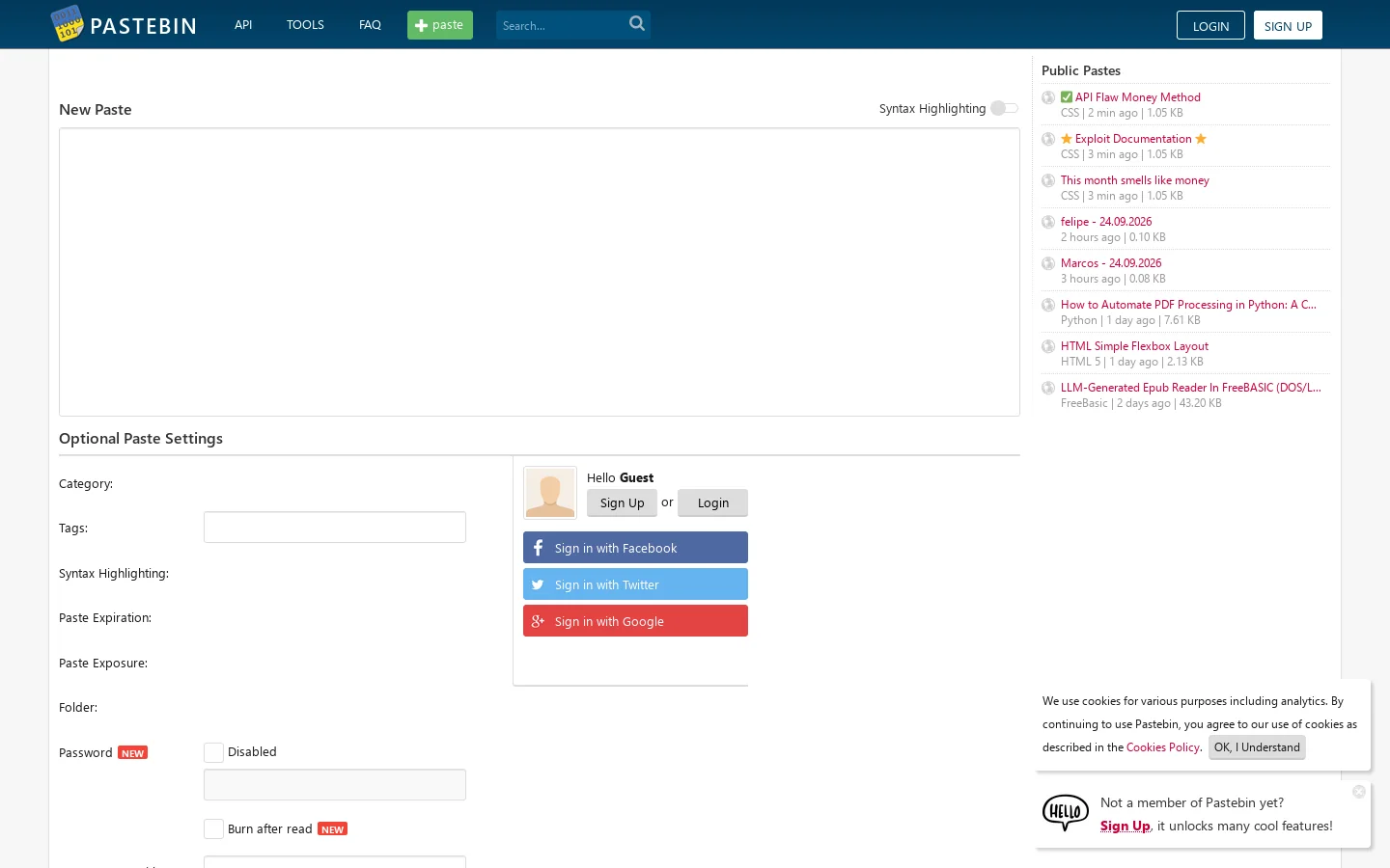 Pastebin.com Homepage screenshot