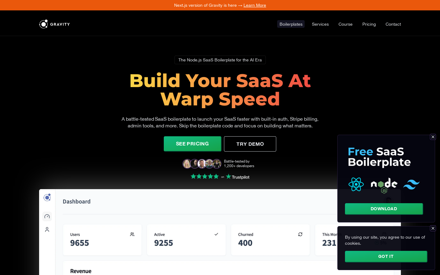 SaaS Boilerplate for Node.js & React – Launch Your SaaS 10x Faster | Gravity Homepage screenshot