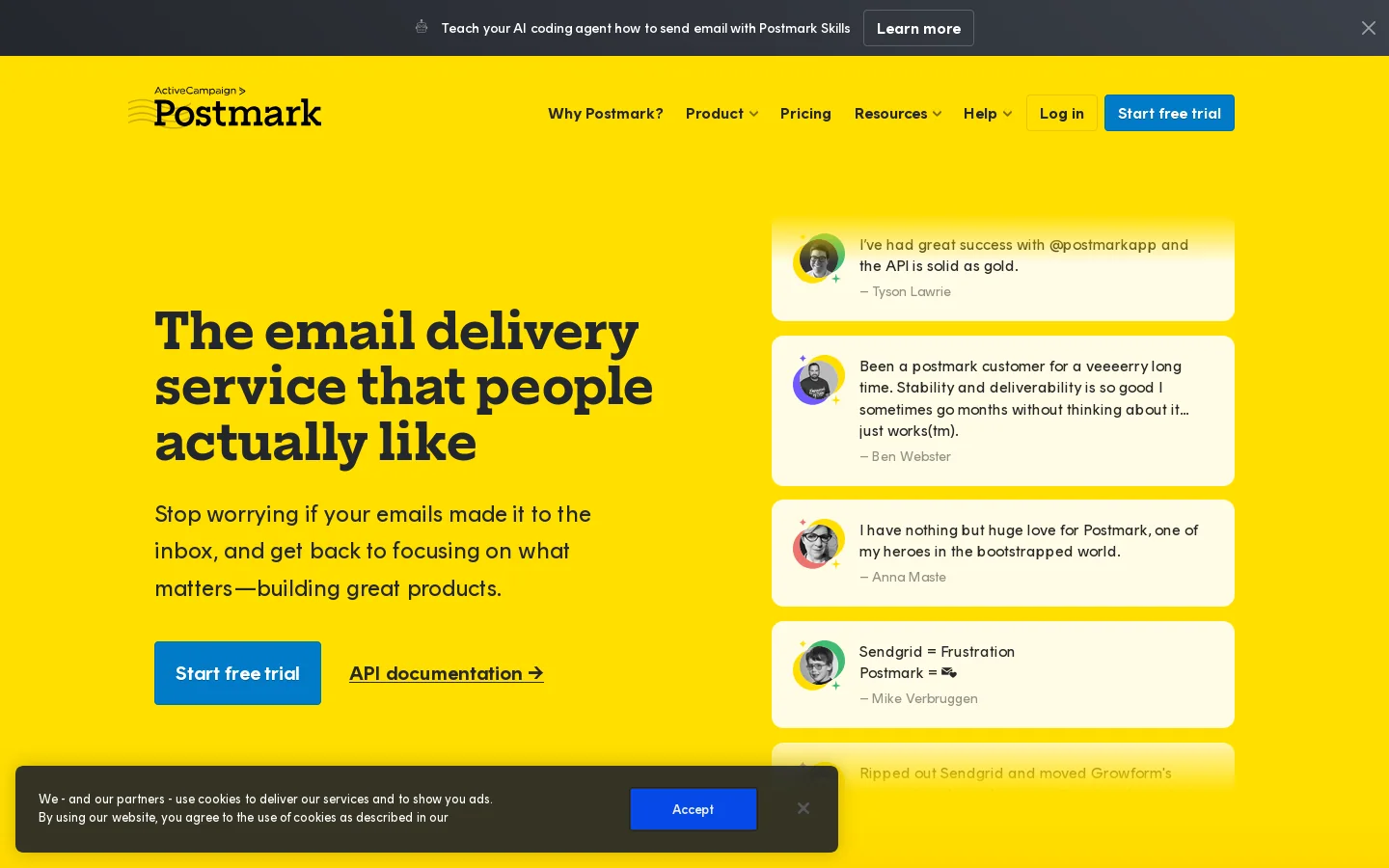 Postmark: Fast, Reliable Email Delivery Service | SMTP | API Homepage screenshot