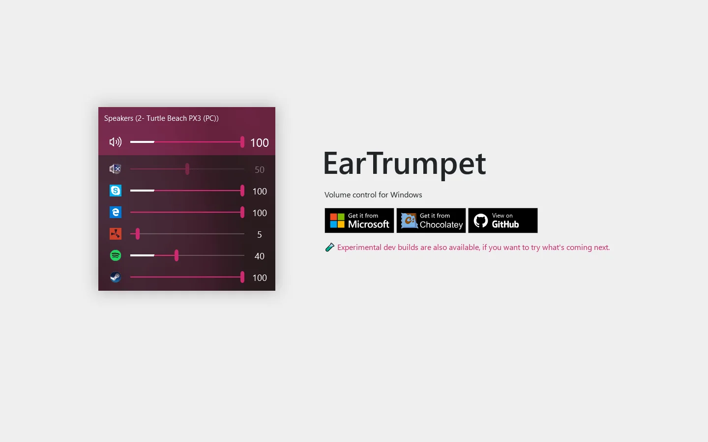 EarTrumpet Homepage screenshot