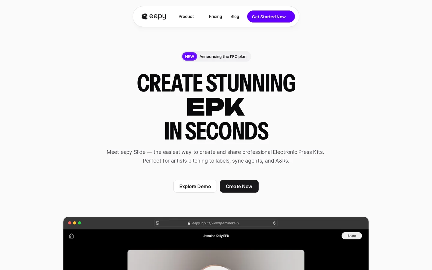 eapy Slide | Create Stunning Music EPKs Homepage screenshot