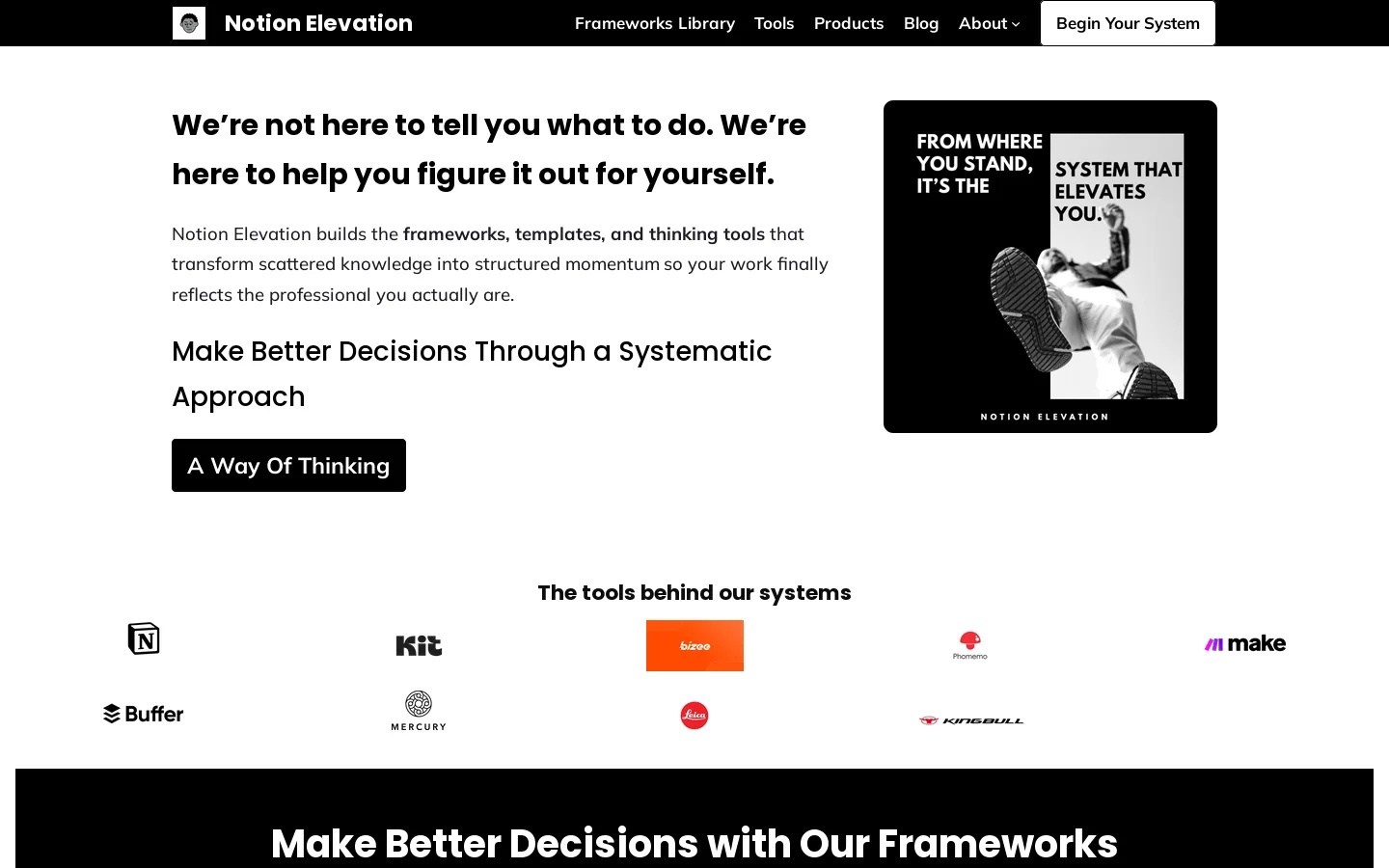Notion Elevation. Build Systems That Outlast the Tools Homepage screenshot