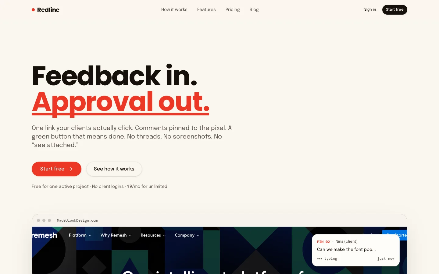 Redline — turn design feedback chaos into client approvals Homepage screenshot