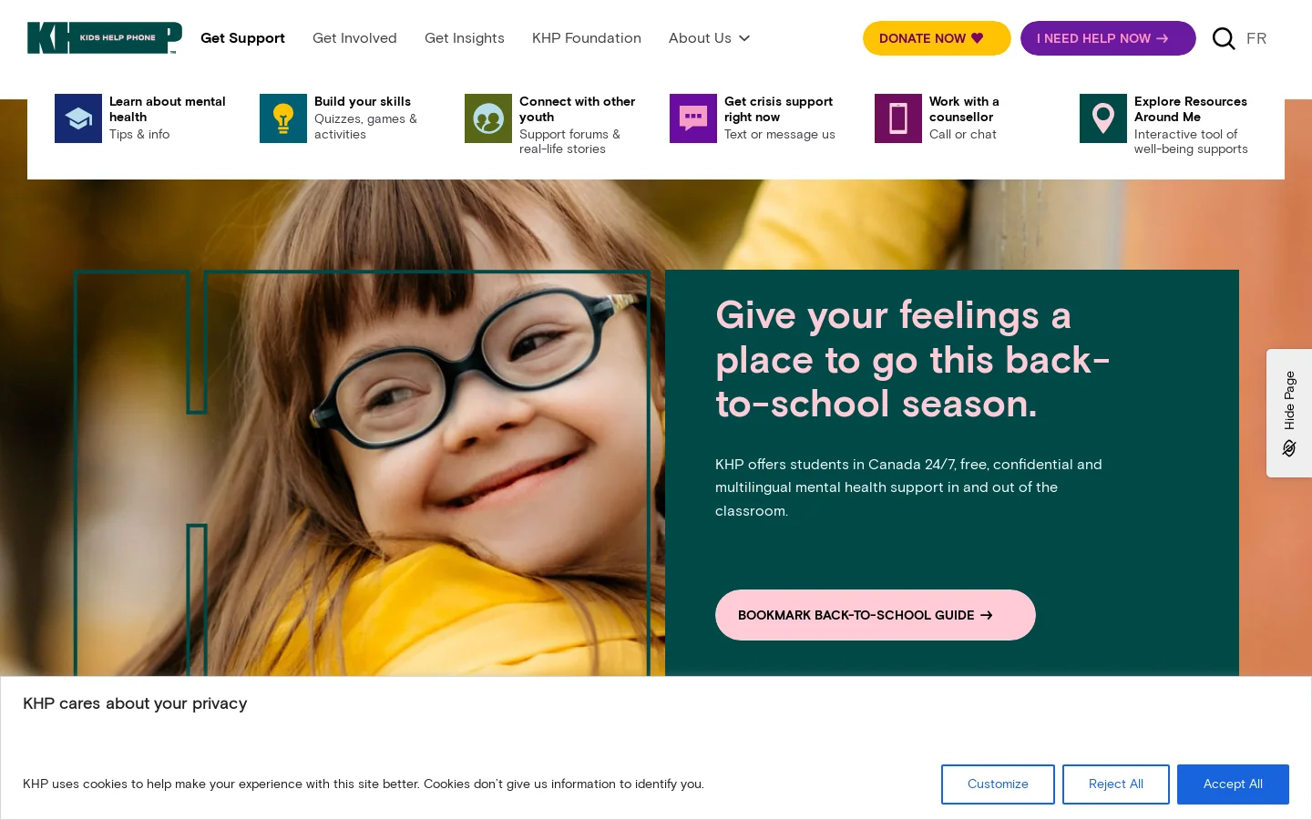 Kids Help Phone Homepage screenshot