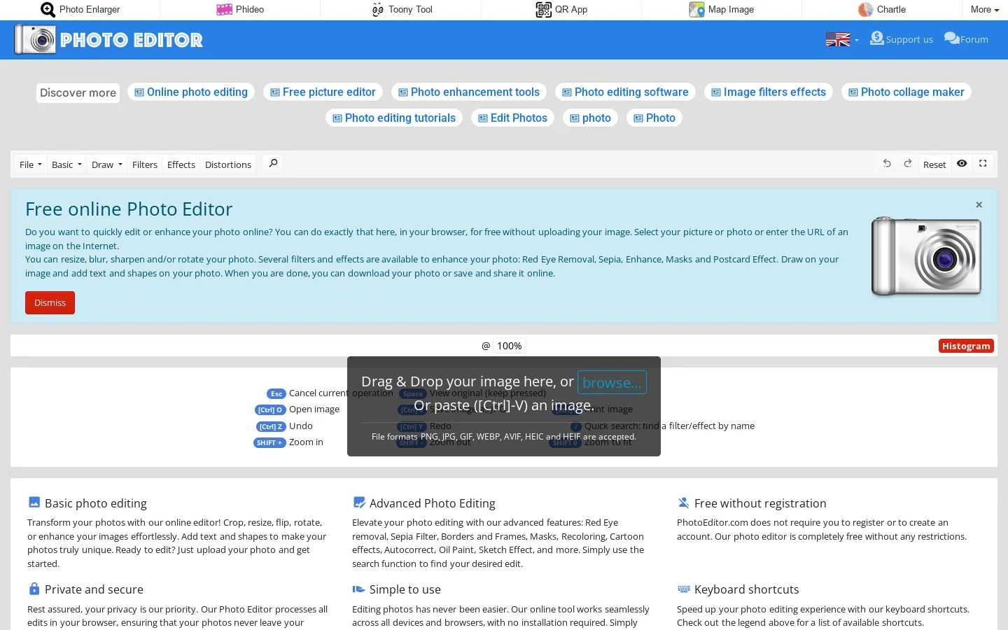 Online Photo Editor - Edit your photos, pictures and images online for free - PhotoEditor.com Homepage screenshot