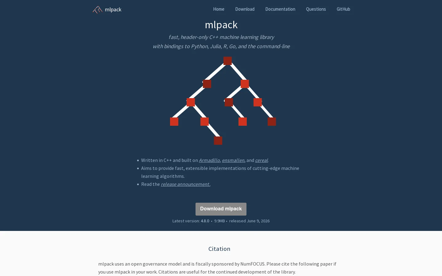 mlpack Homepage screenshot