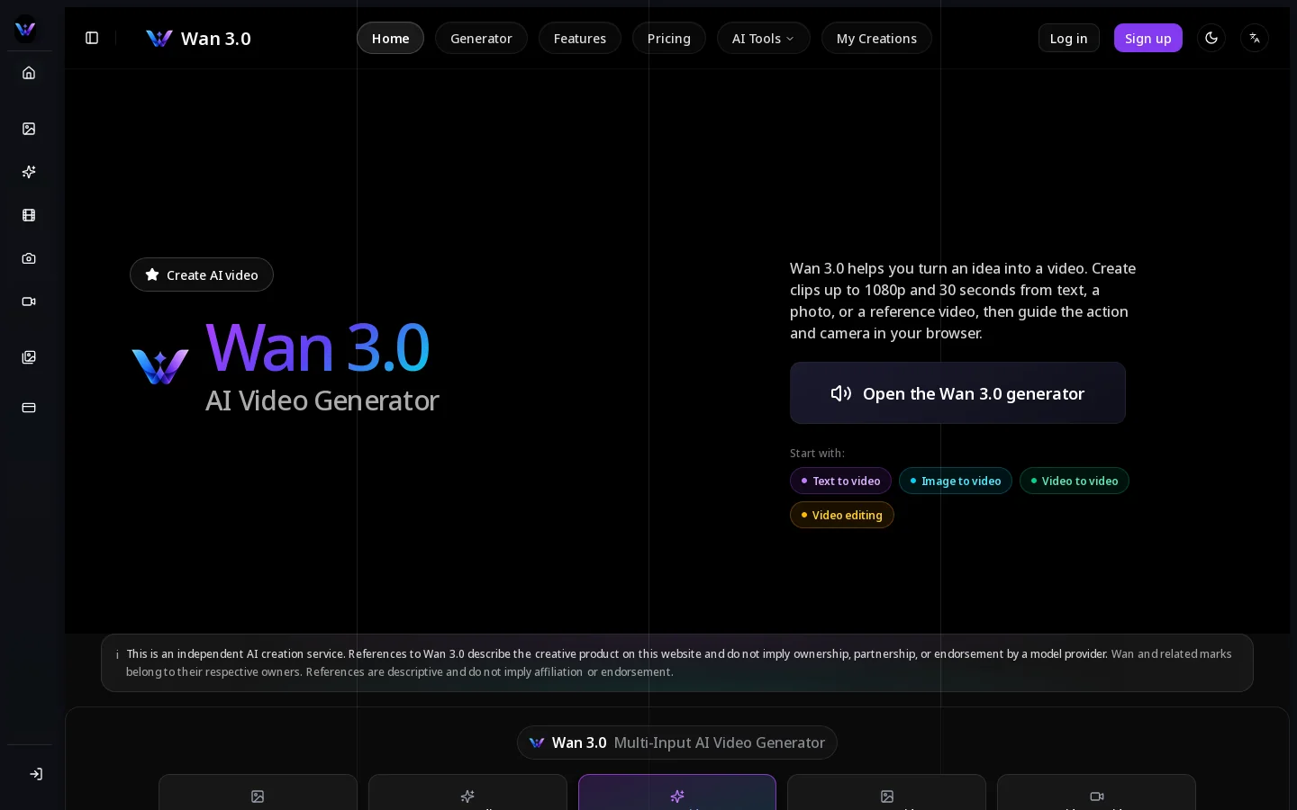 Wan 3.0 AI Video Generator Homepage screenshot