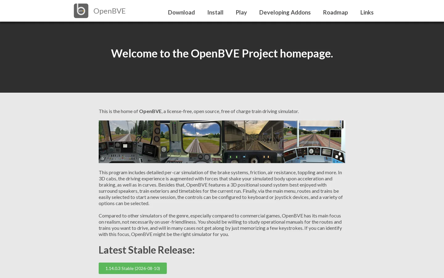 Welcome to the OpenBVE Project homepage. – OpenBVE Homepage screenshot