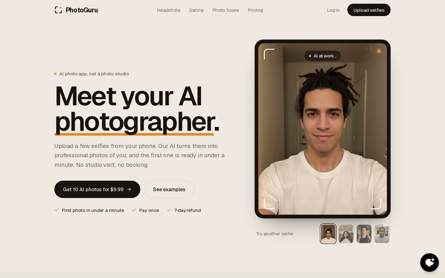 AI photographer: pro photos from your selfies in under a minute Homepage screenshot