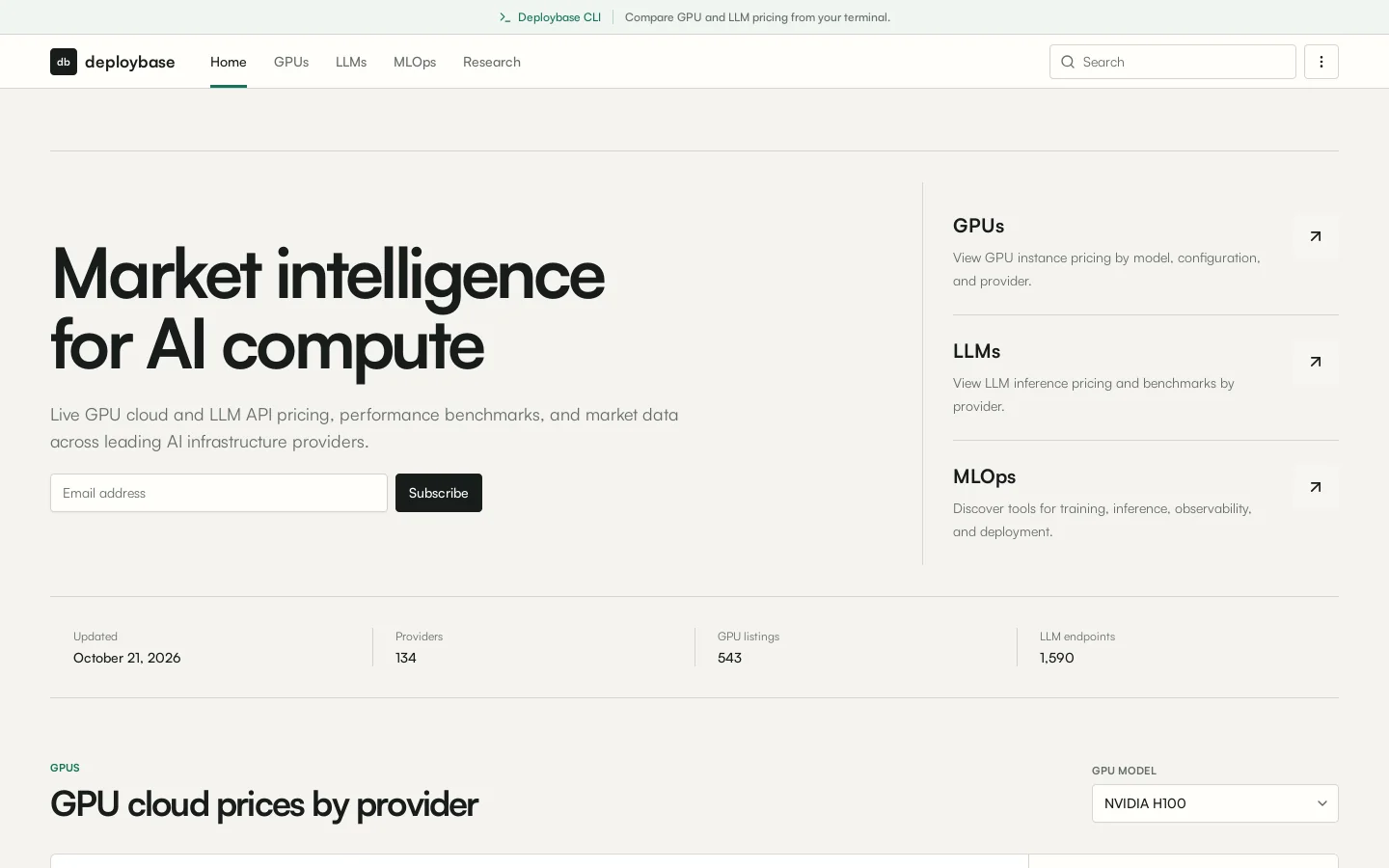 Deploybase Homepage screenshot