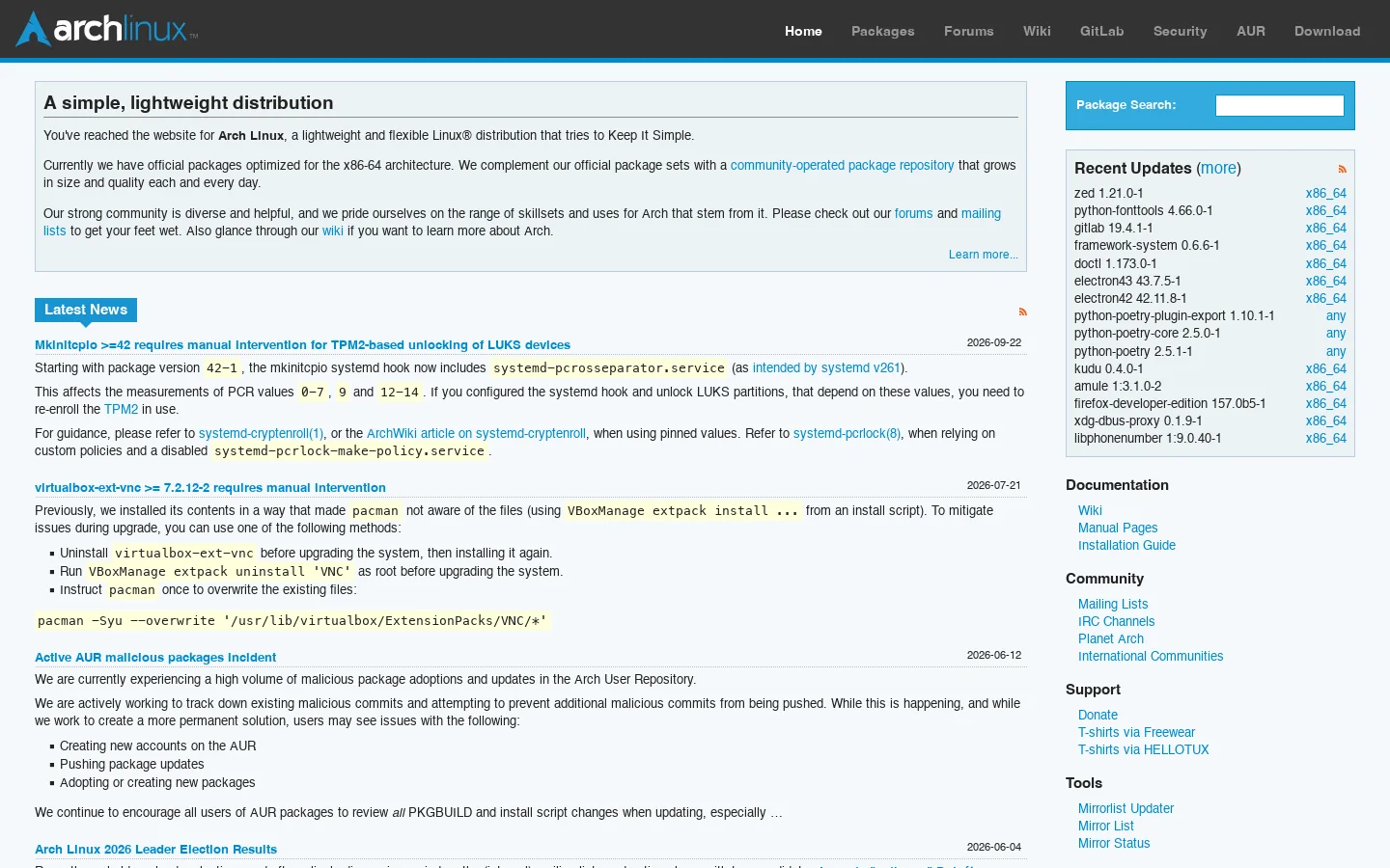 Arch Linux Homepage screenshot