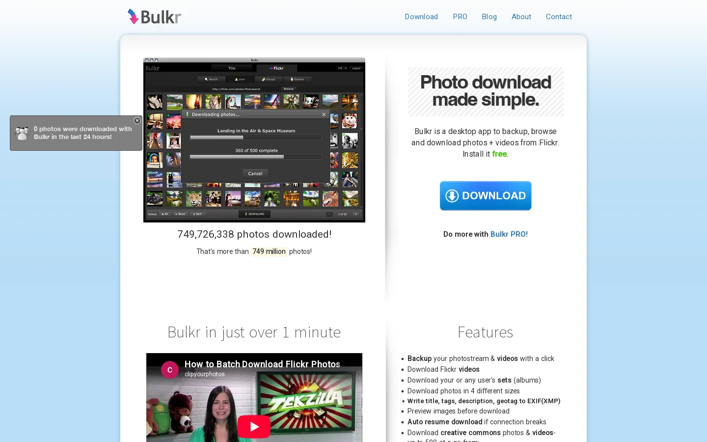 Bulkr: Backup, download flickr photos, videos, sets & more Homepage screenshot