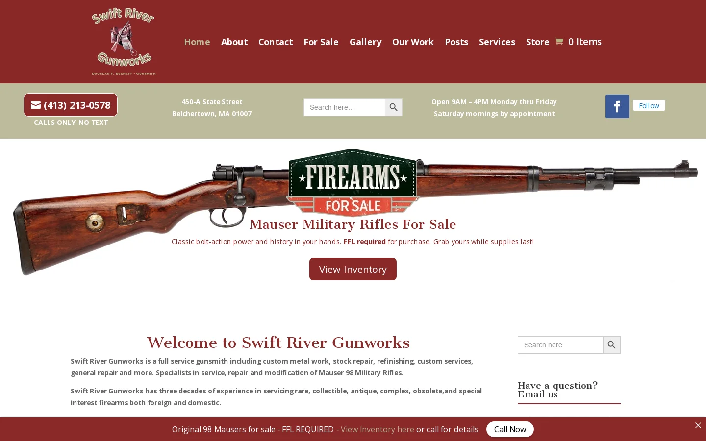 Swift River Gunworks | Gunsmith & Gun Repair Homepage screenshot