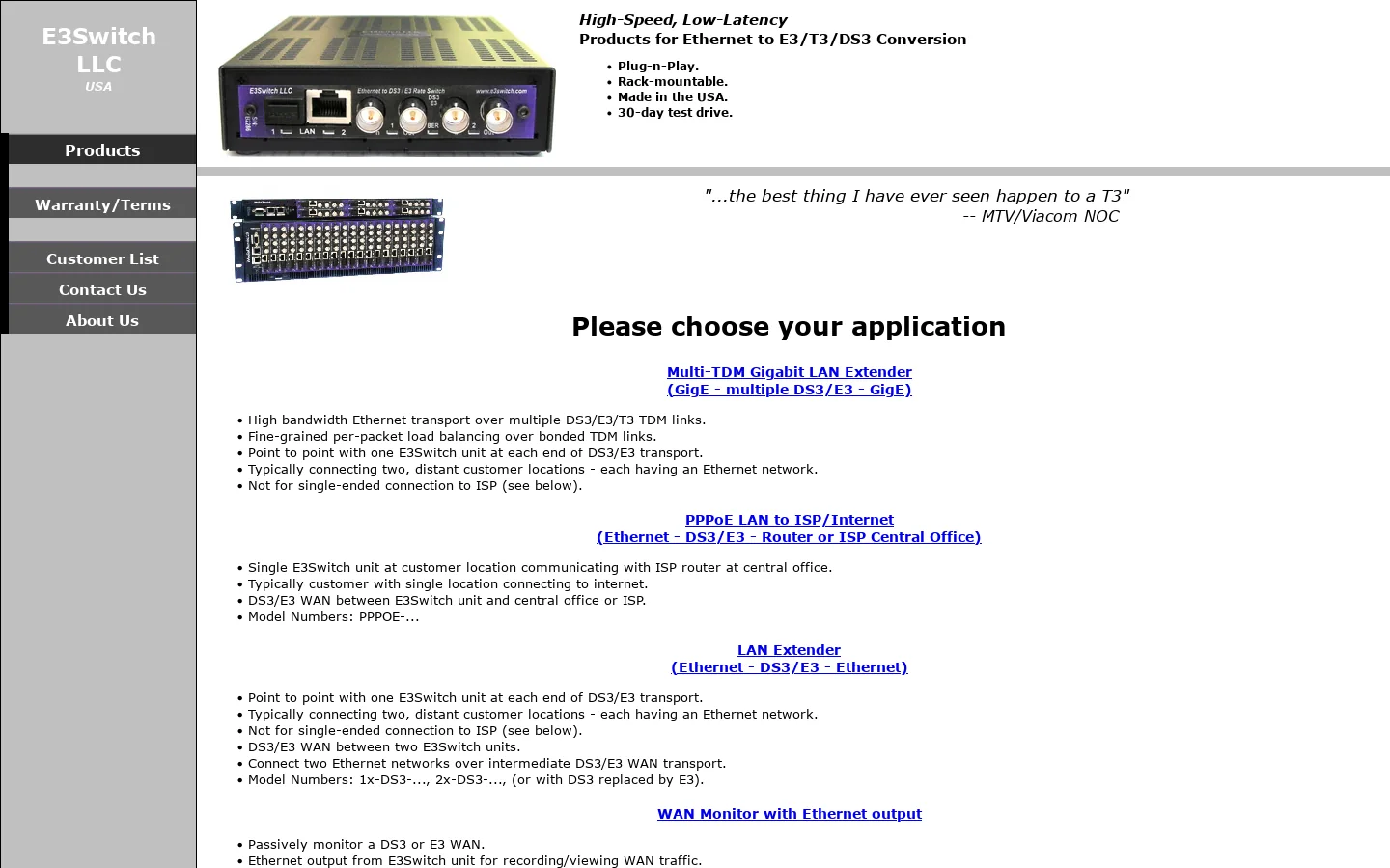 Ethernet to Single/Dual/Multi T3/E3/DS3 Converters In Stock from E3Switch Homepage screenshot