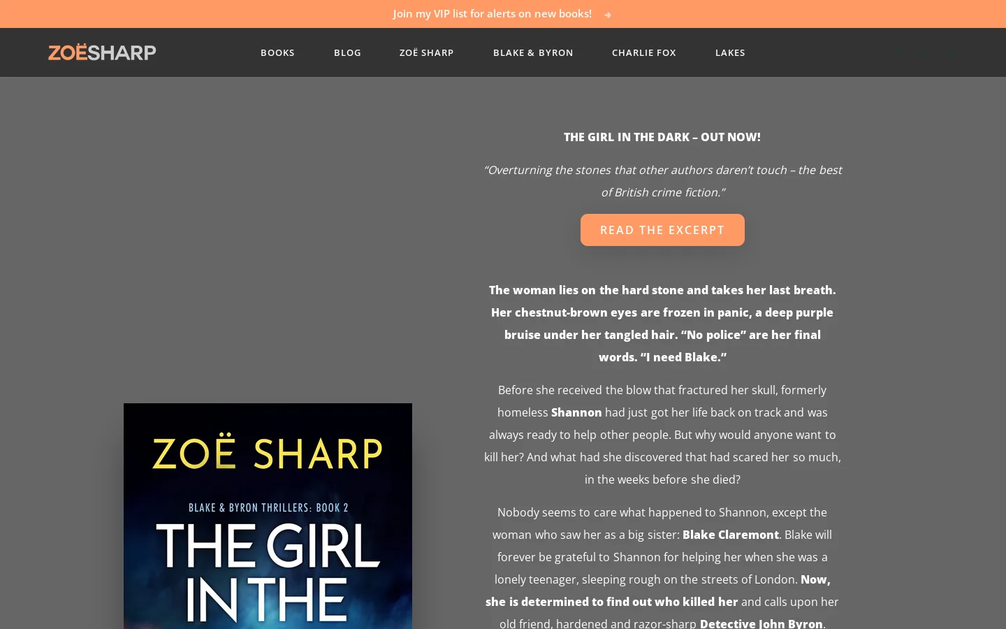 Launch The Girl In The Dark : Zoë Sharp: Author of the Charlie Fox series and the Lakes Thriller series. Homepage screenshot