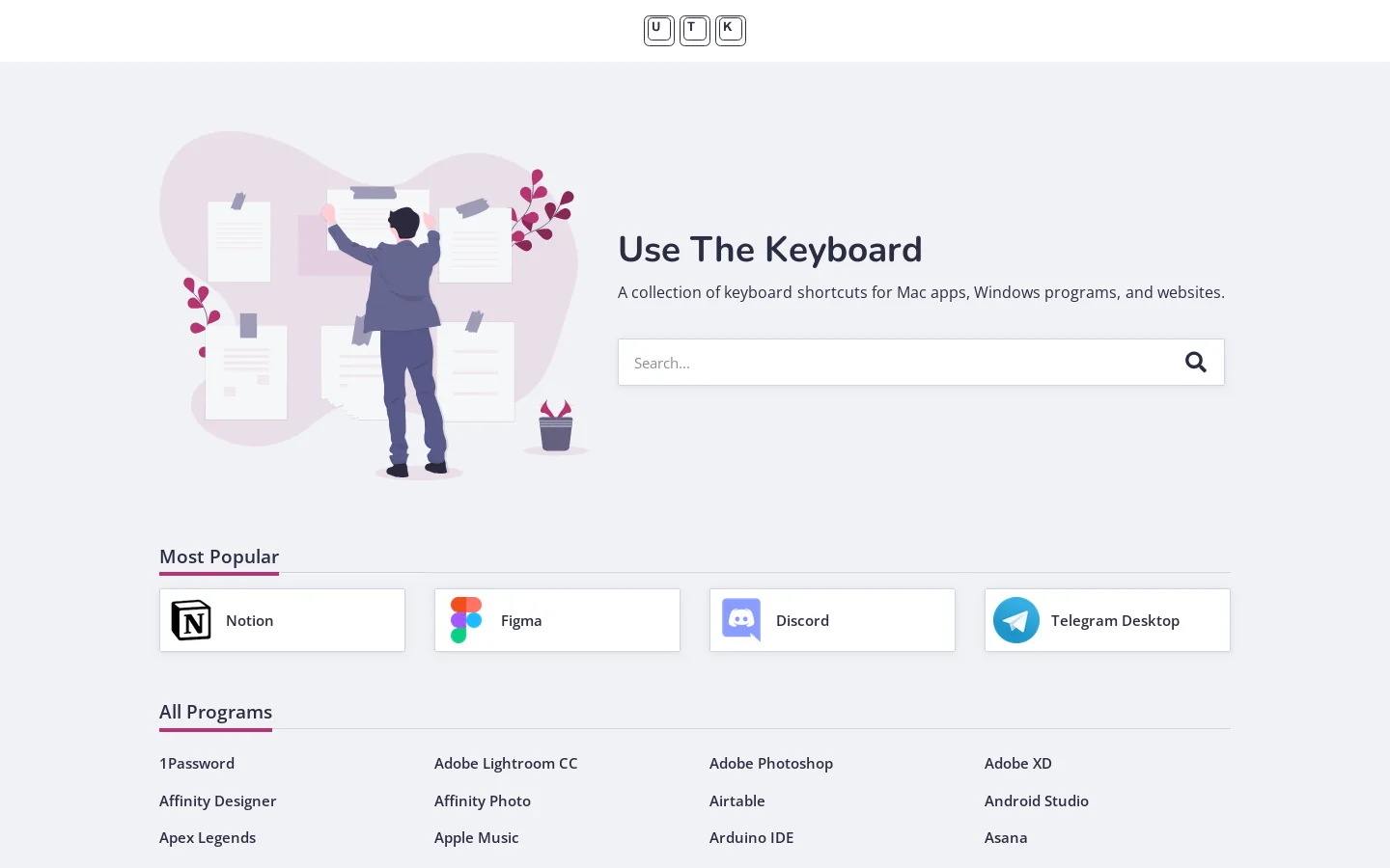 A collection of keyboard shortcuts for Mac apps, Windows programs, and websites → UseTheKeyboard Homepage screenshot