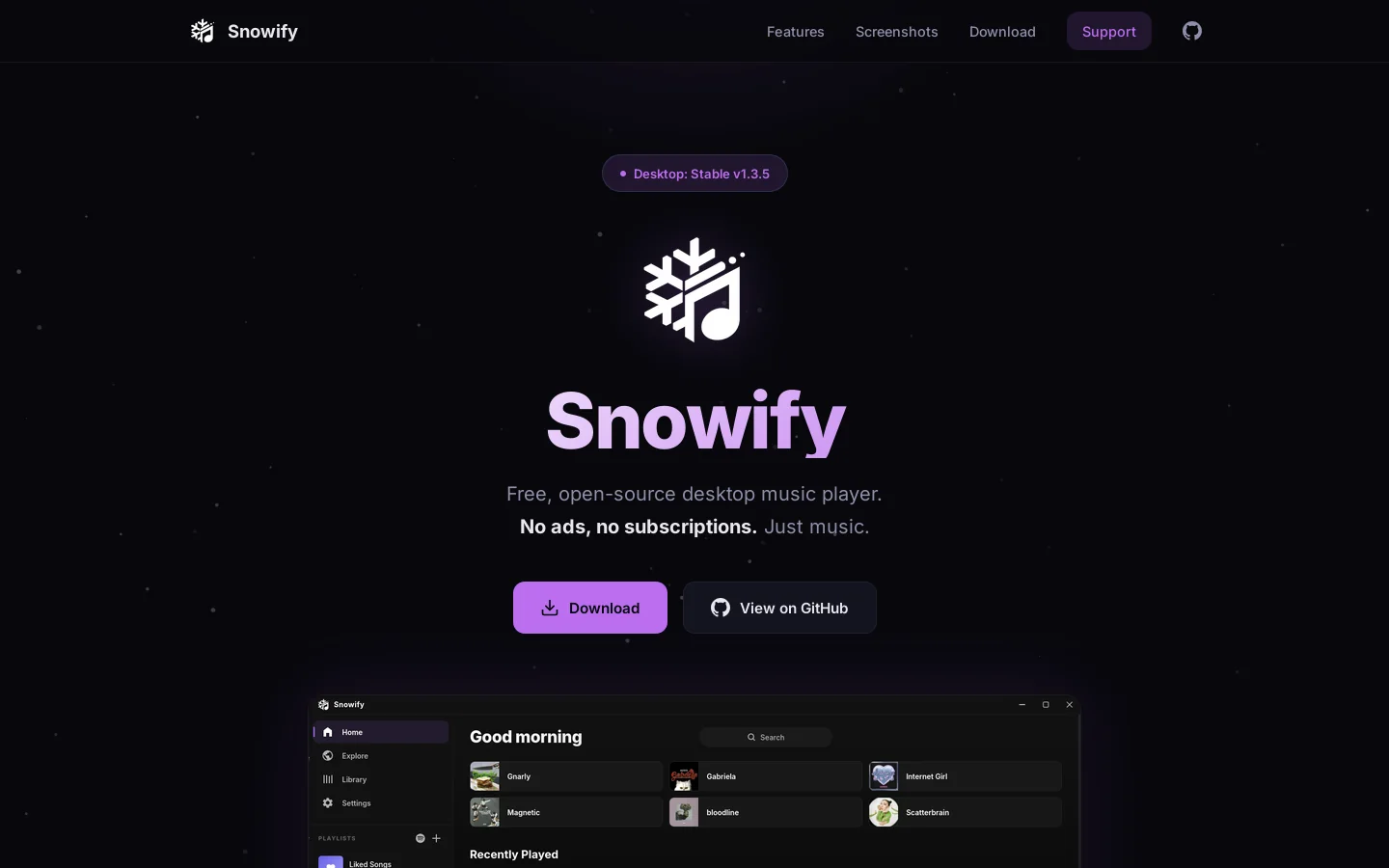 Snowify Homepage screenshot