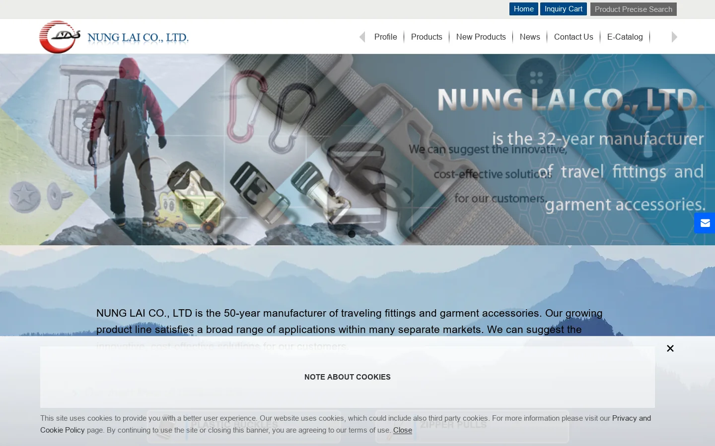 Nung Lai Co., Ltd.-plastic buckles, plastic snap fasteners, luggage accessories, plastic cord locks, zipper pulls, metal snap buttons, eyelets, garment accessories, file binders Homepage screenshot