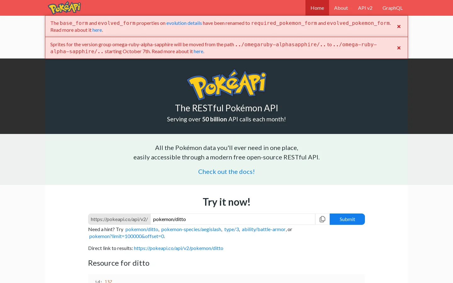 PokéAPI Homepage screenshot
