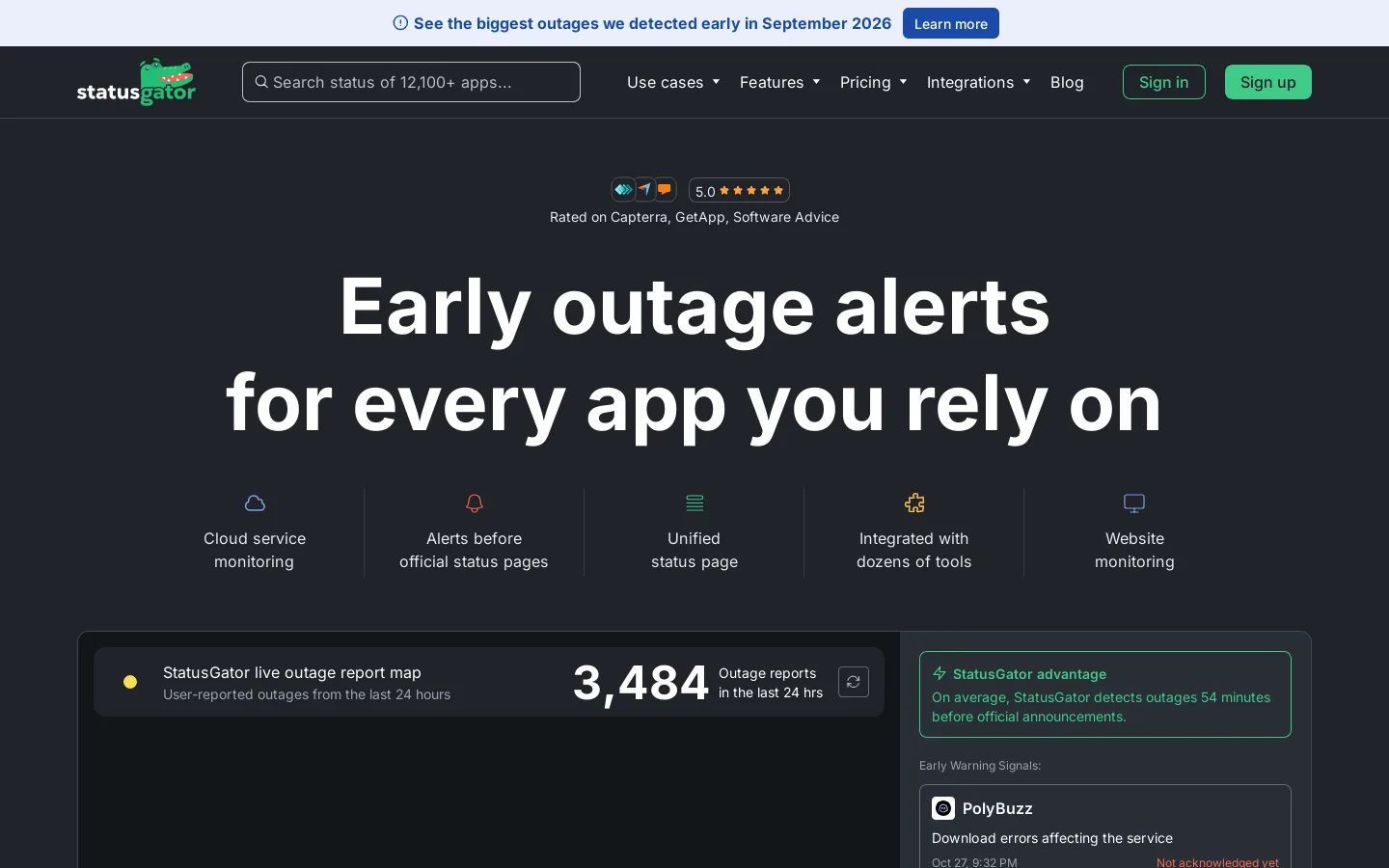 StatusGator Homepage screenshot