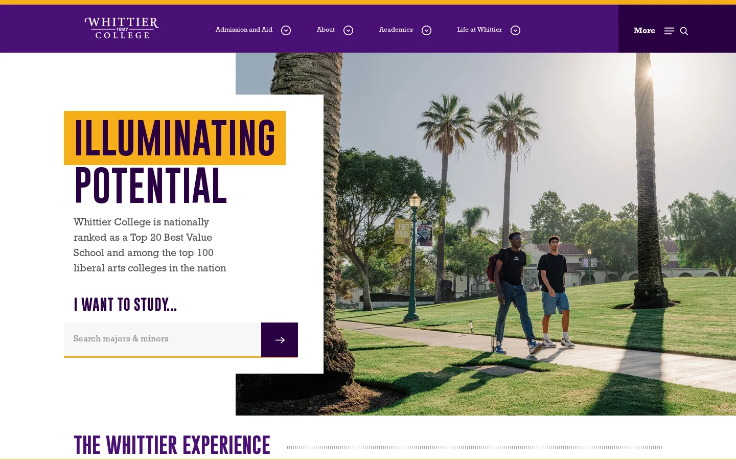 Whittier College Homepage screenshot