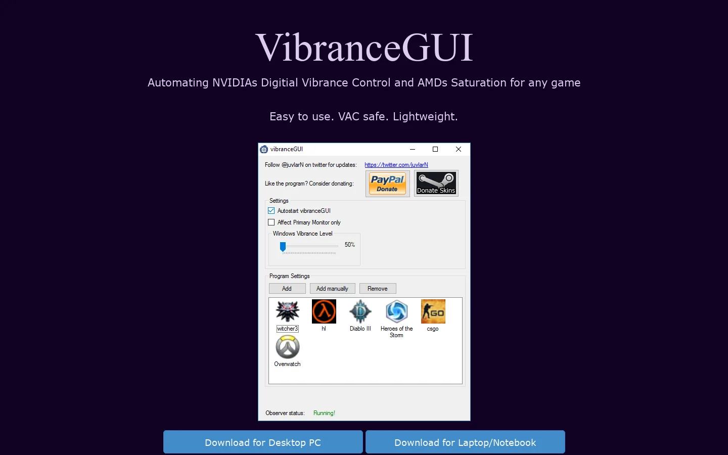 VibranceGUI Homepage screenshot