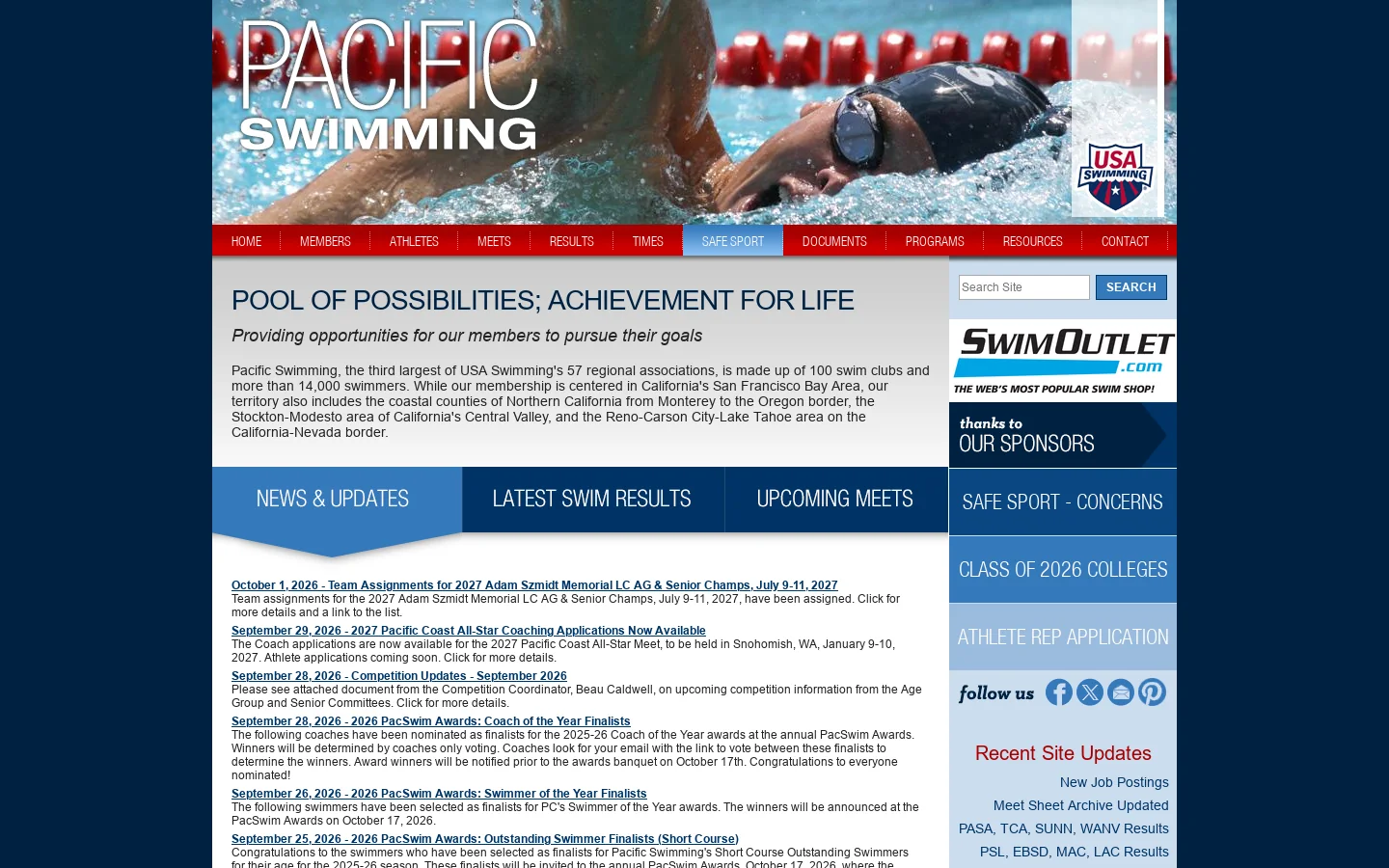 Pacific Swimming | USA Swimming Association Homepage screenshot