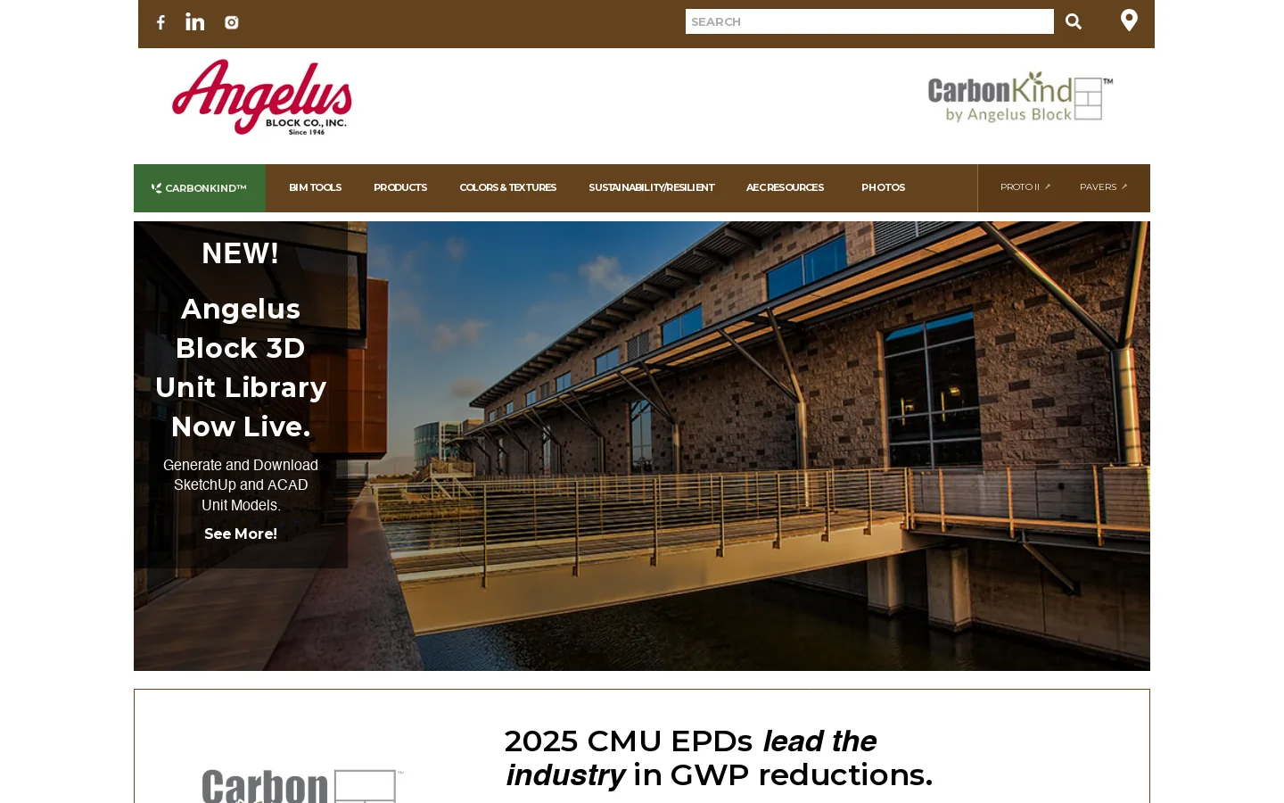 Angelus Block Co., Inc. Low Carbon CMU, Concrete Masonry & Pavers Homepage screenshot