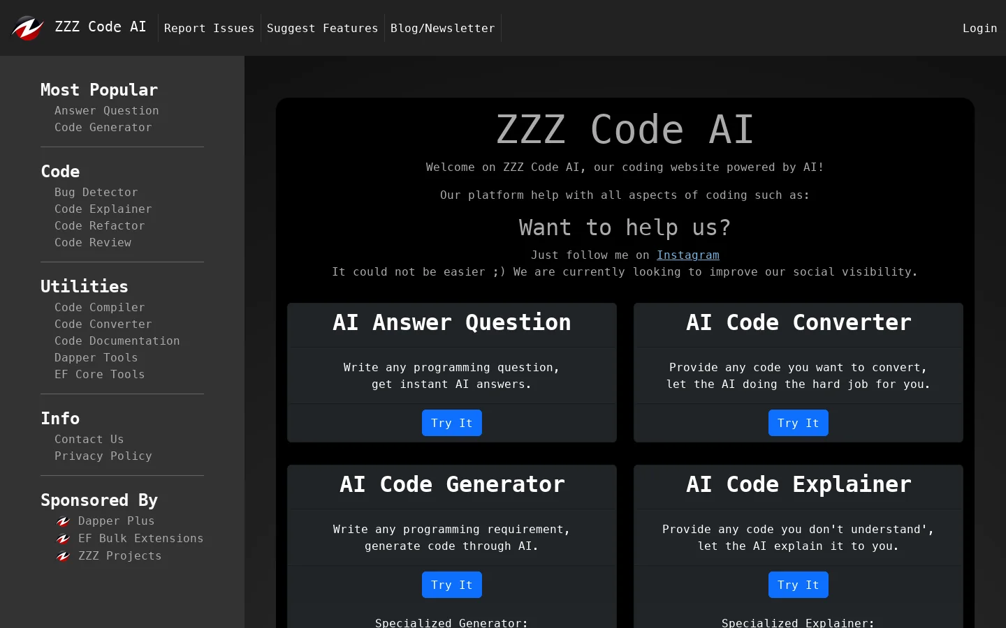 FREE Online AI Tools for Coding: Best AI Website for Programming Homepage screenshot