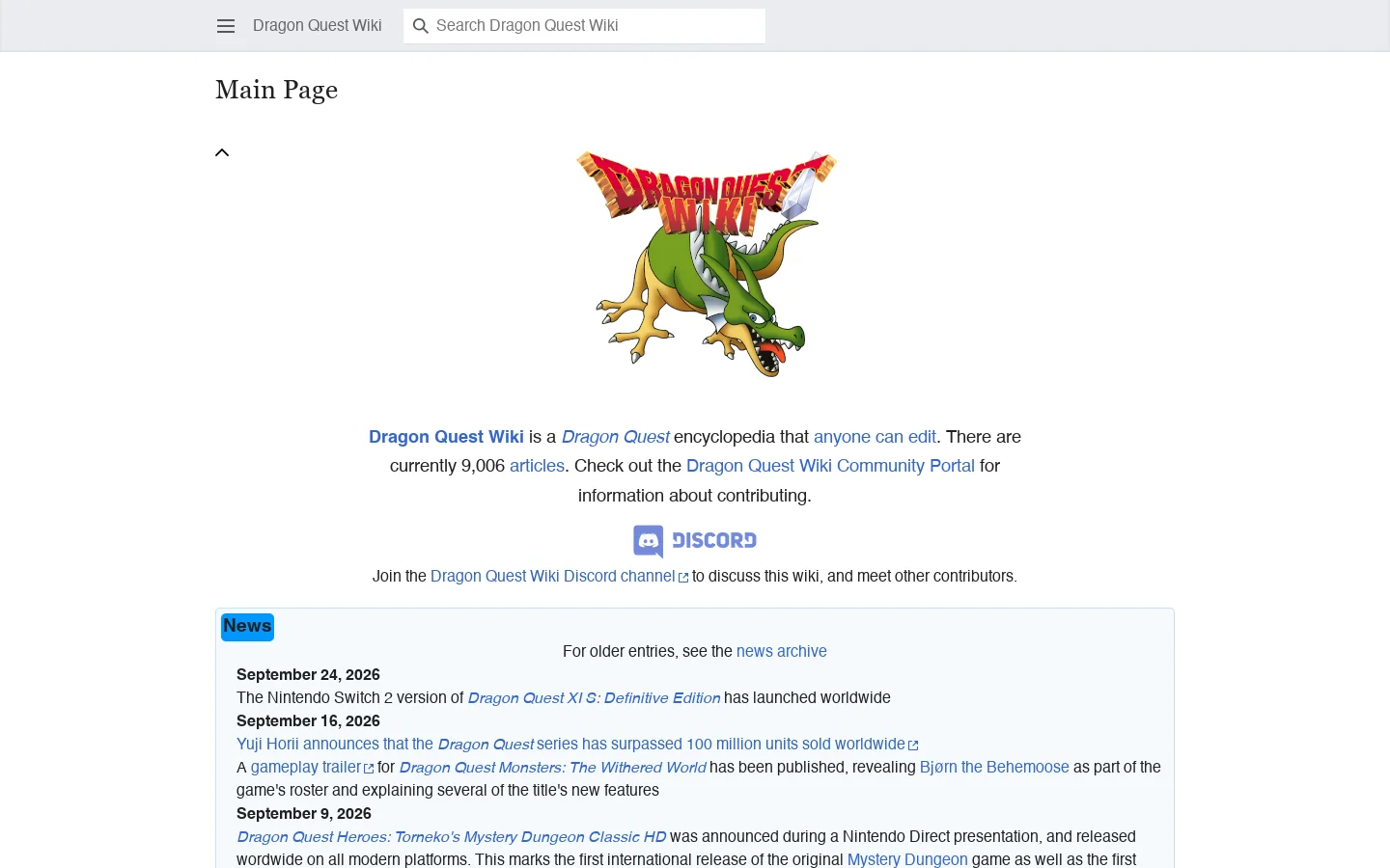 Dragon Quest Wiki Homepage screenshot