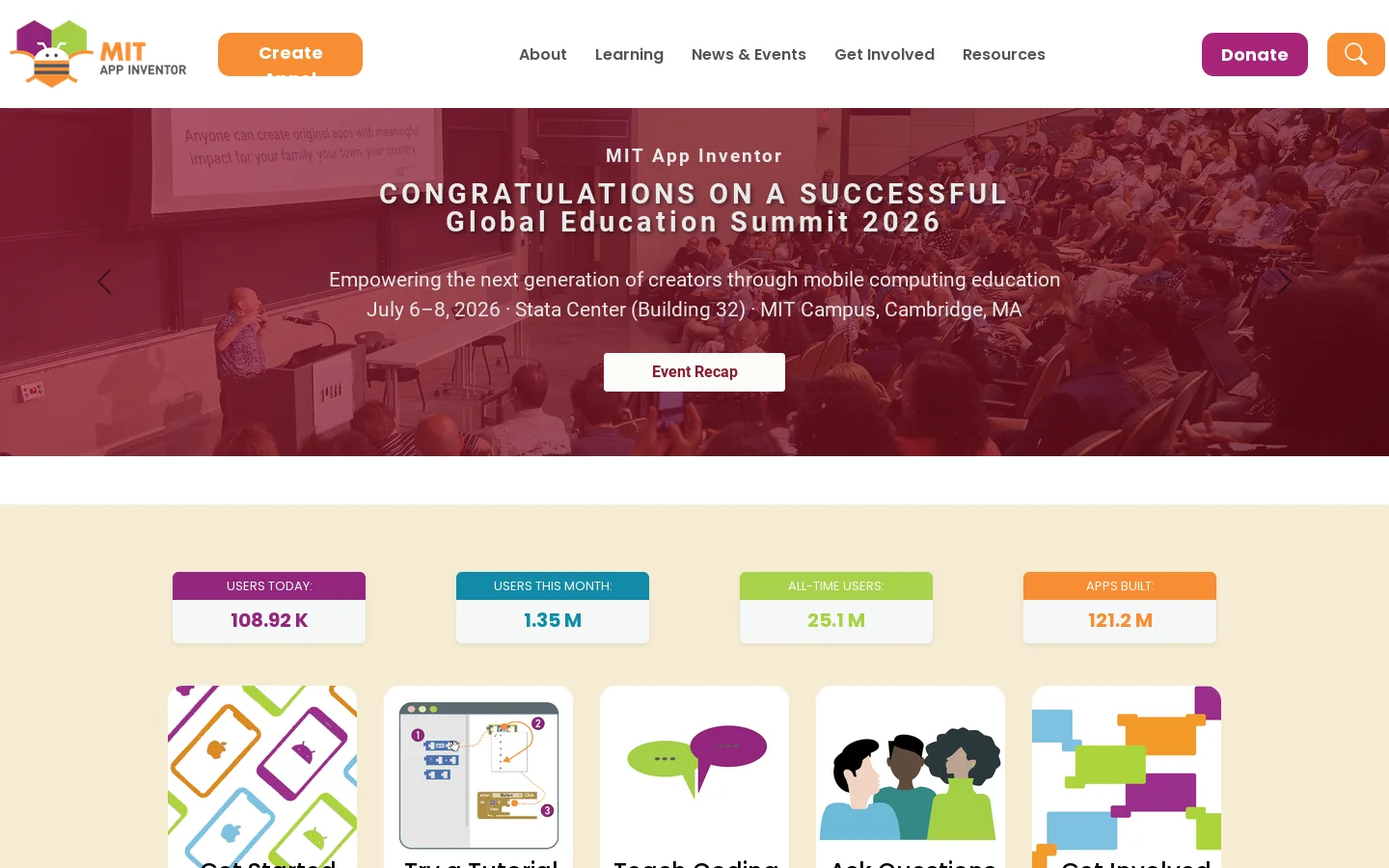 MIT App Inventor Homepage screenshot