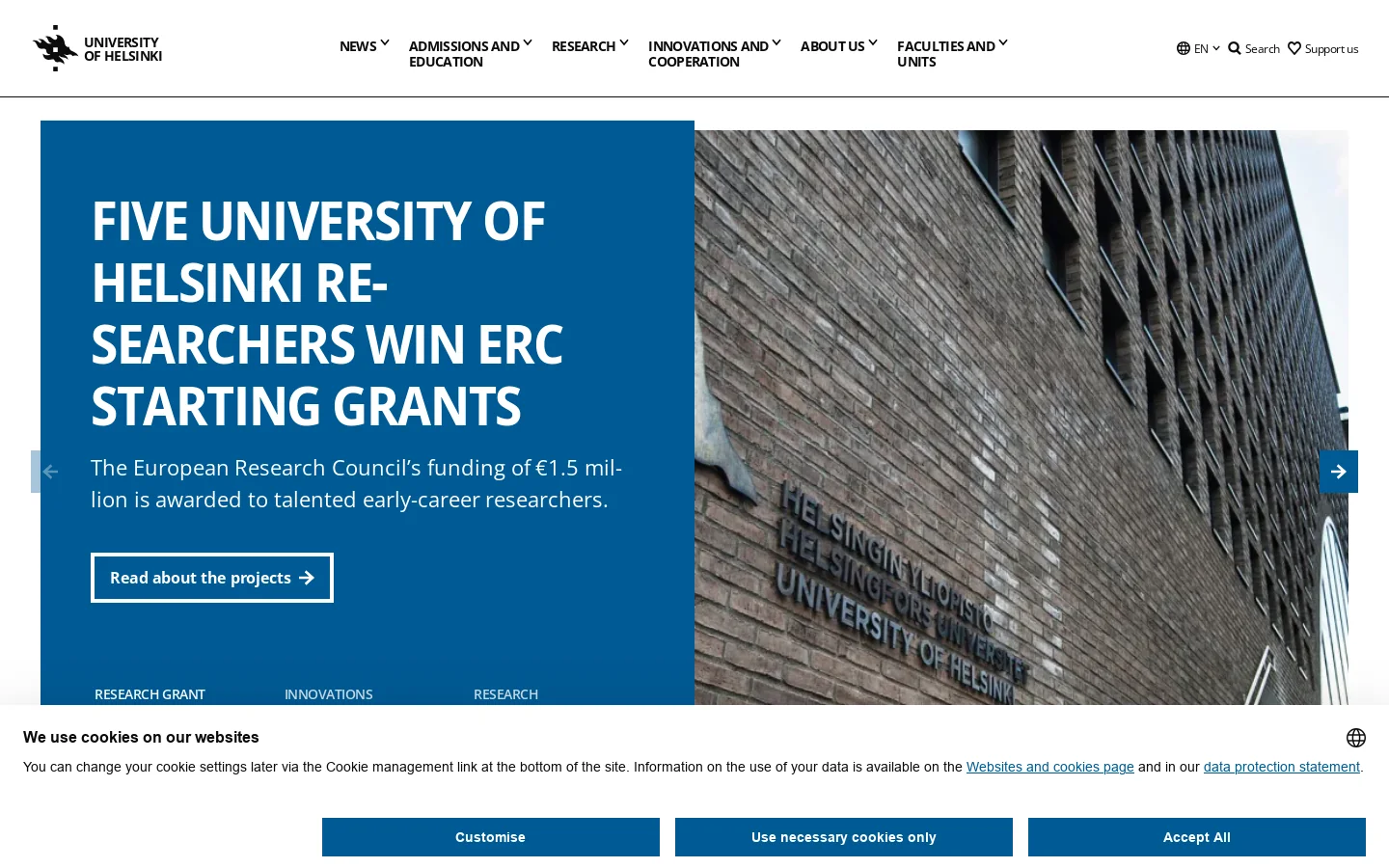 University of Helsinki Homepage screenshot