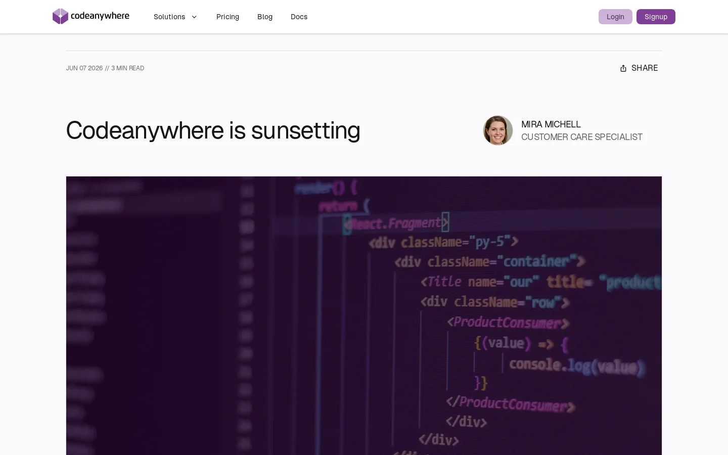 Codeanywhere is sunsetting Homepage screenshot