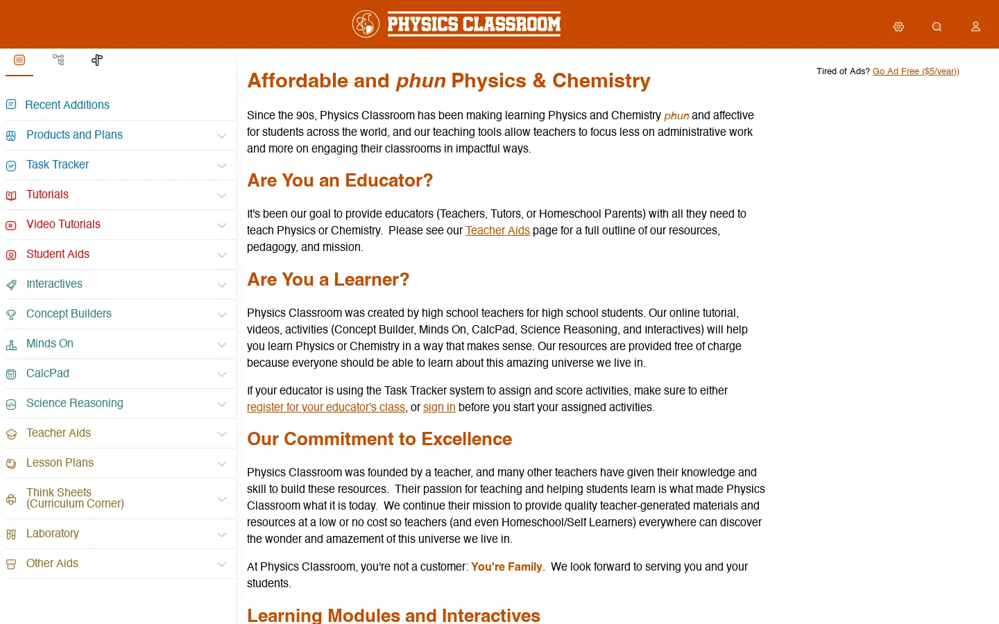 The Physics Classroom Homepage screenshot