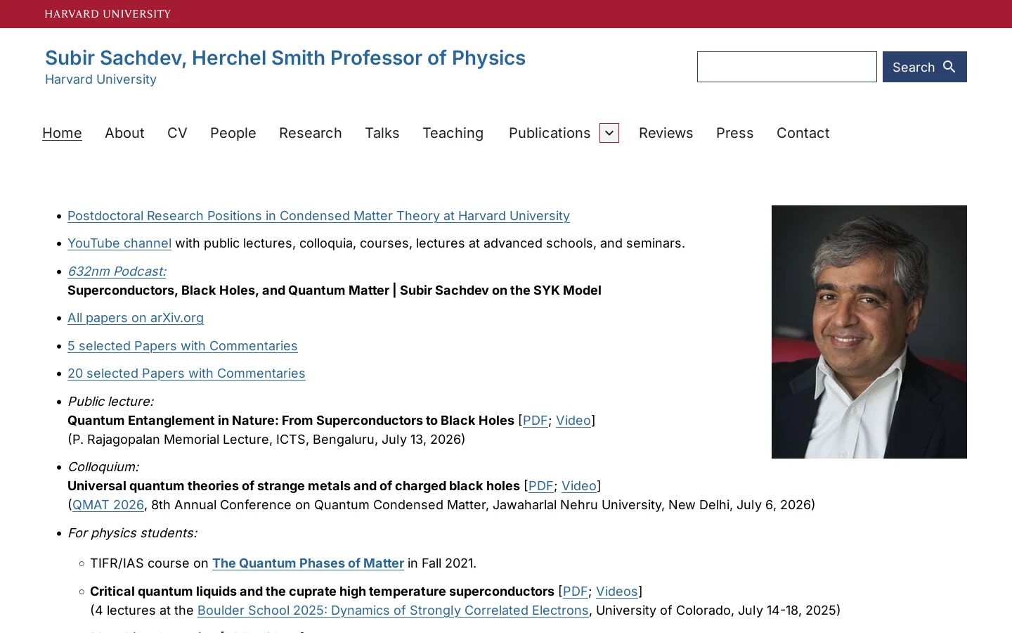 Home | Subir Sachdev, Herchel Smith Professor of Physics Homepage screenshot