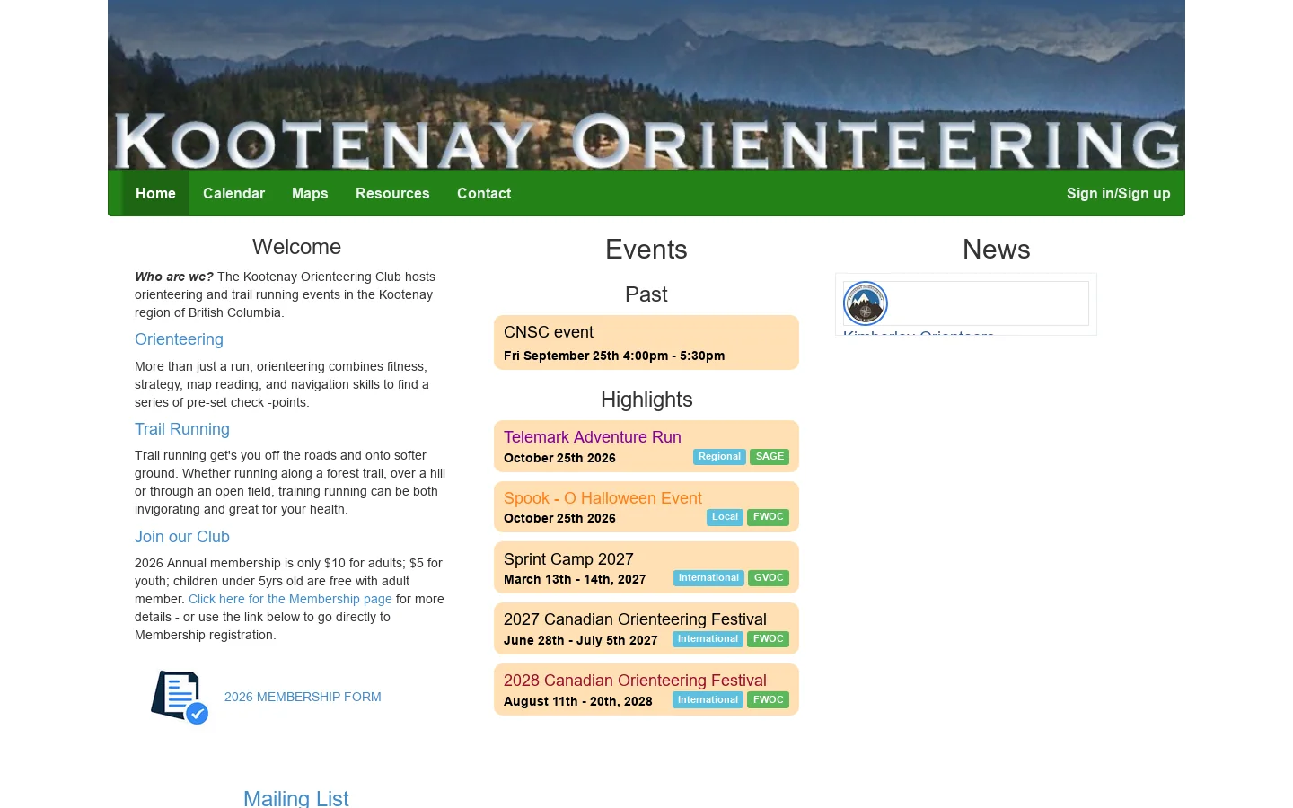 Kootenay Orienteering Club Homepage screenshot