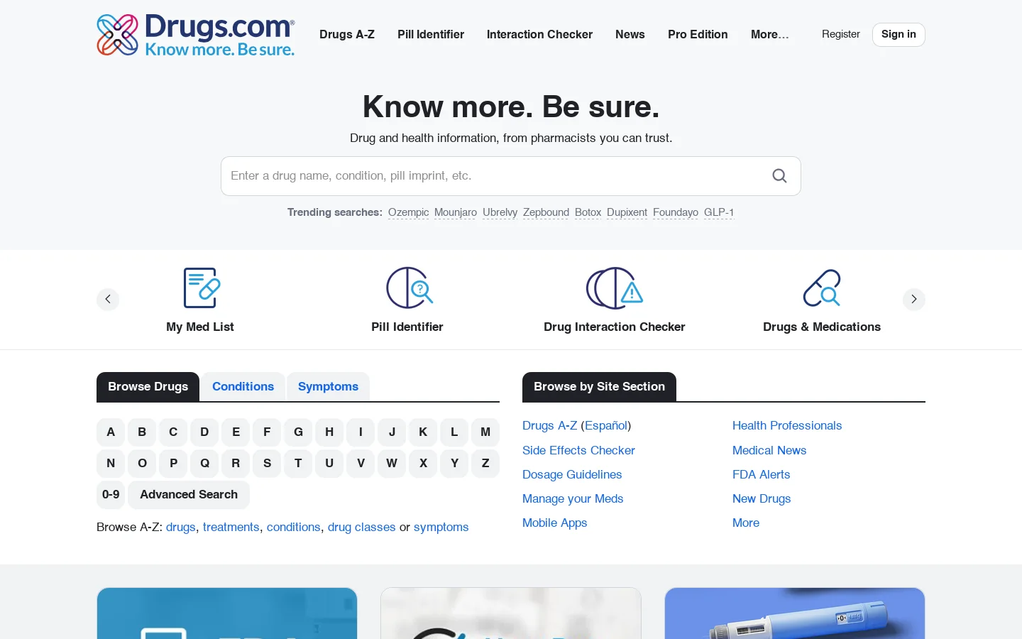 Drugs.com Homepage screenshot