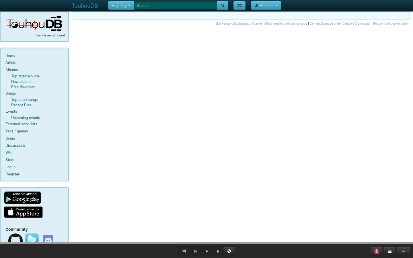 TouhouDB Homepage screenshot
