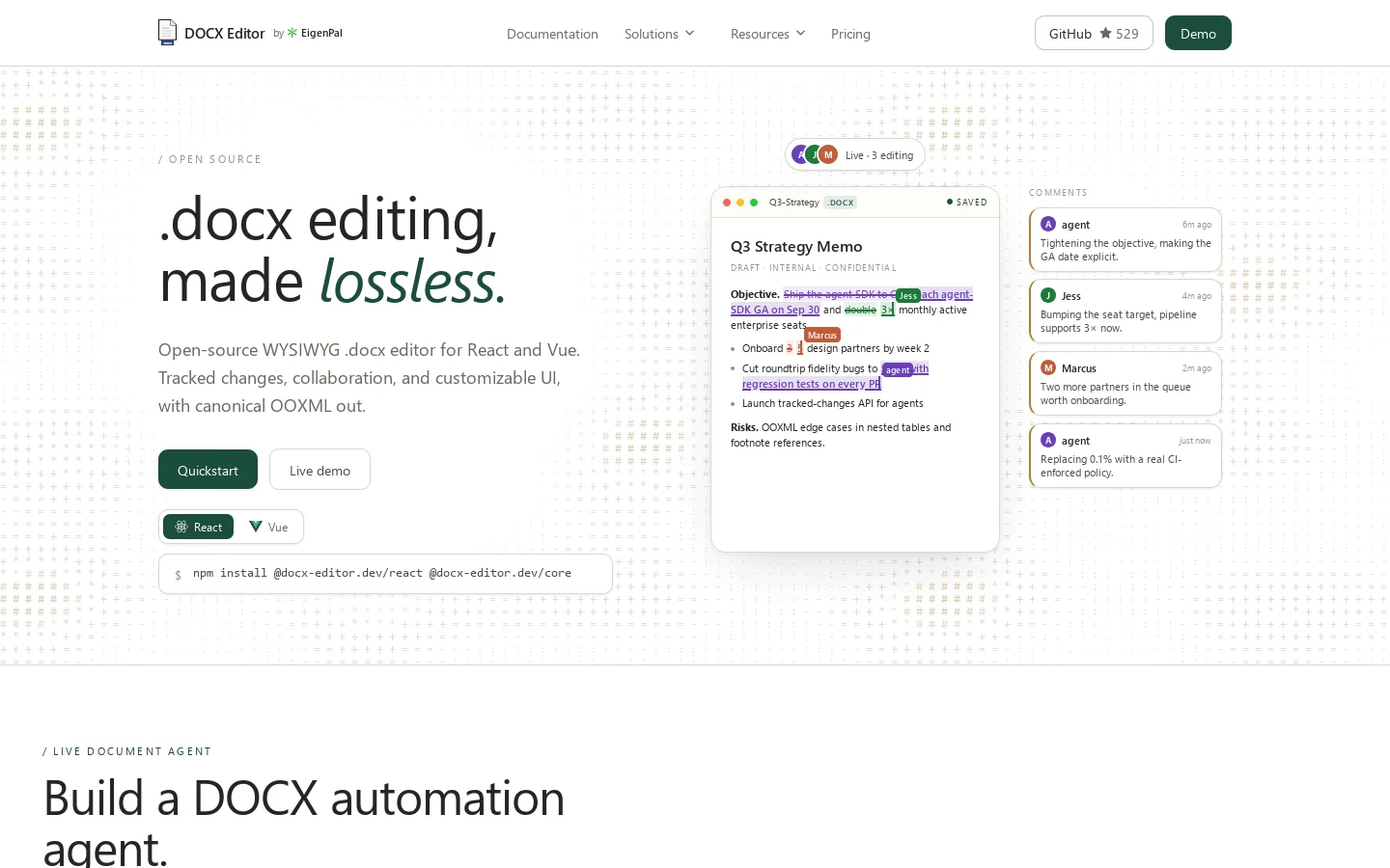 DOCX Editor for React and Vue Homepage screenshot