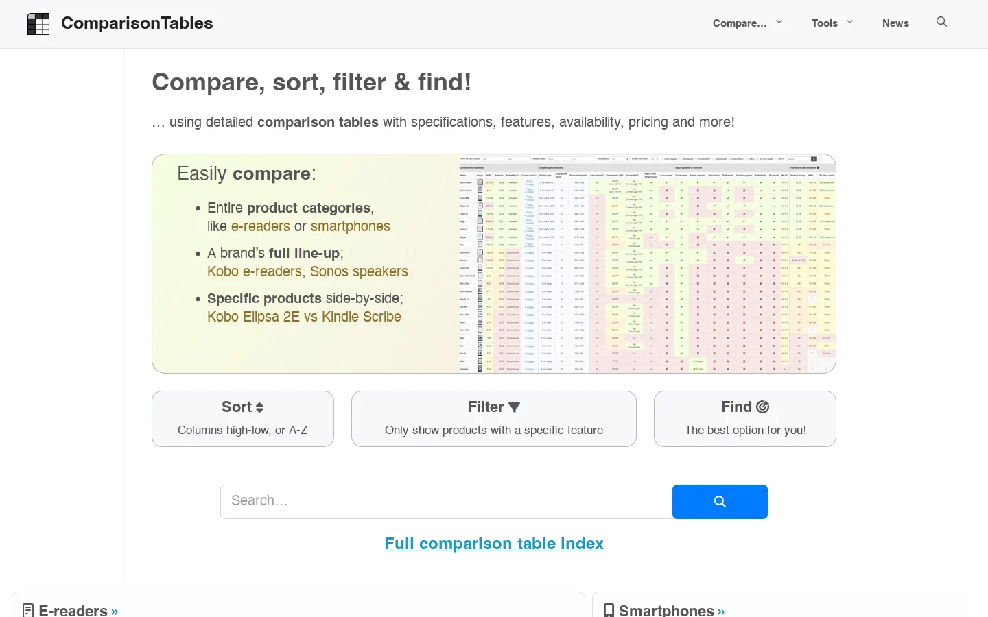 ComparisonTables Homepage screenshot