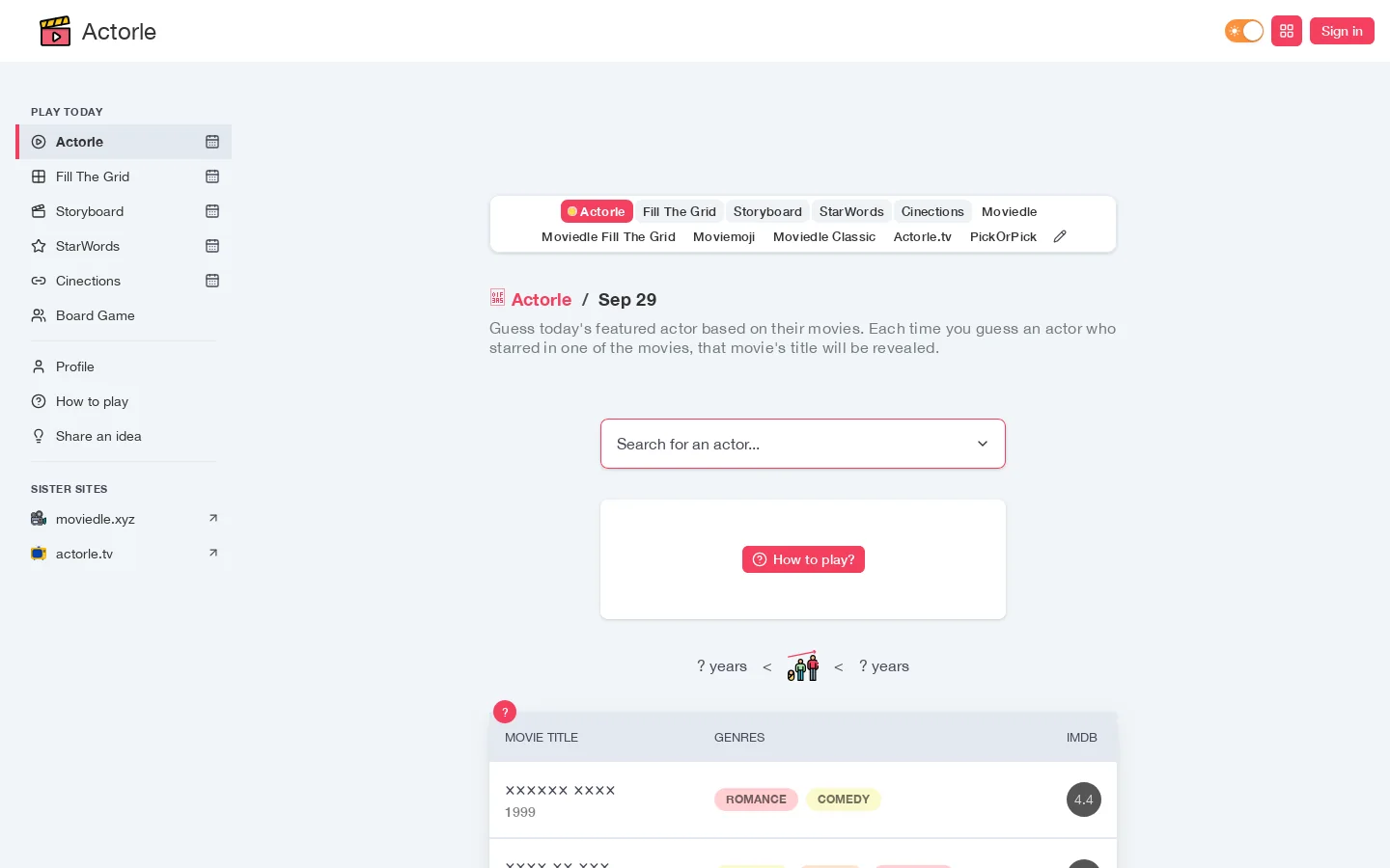 Actorle Homepage screenshot