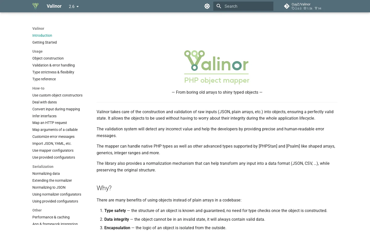 Valinor Homepage screenshot