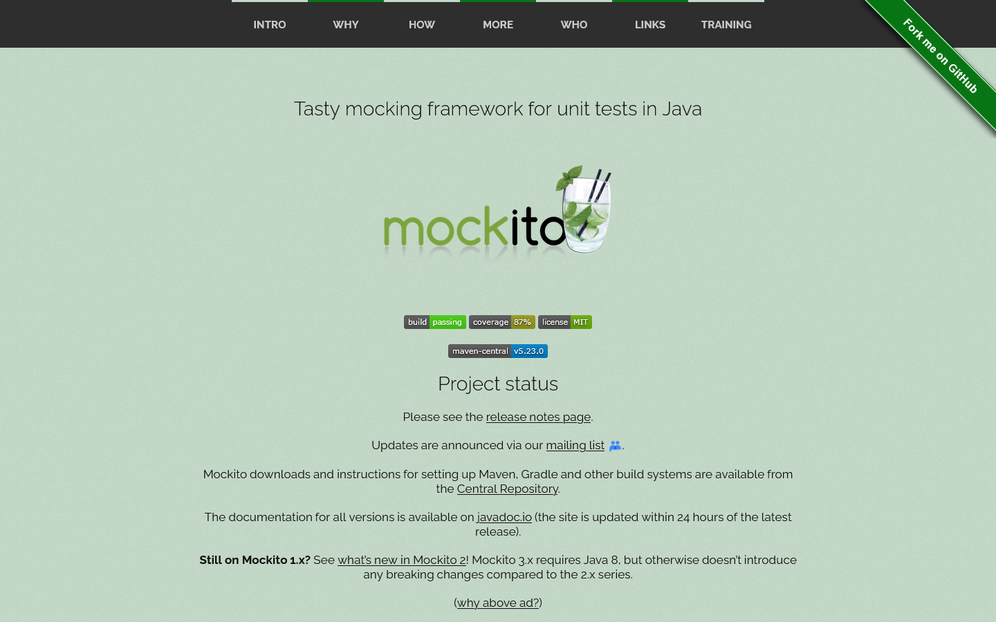 Mockito framework site Homepage screenshot