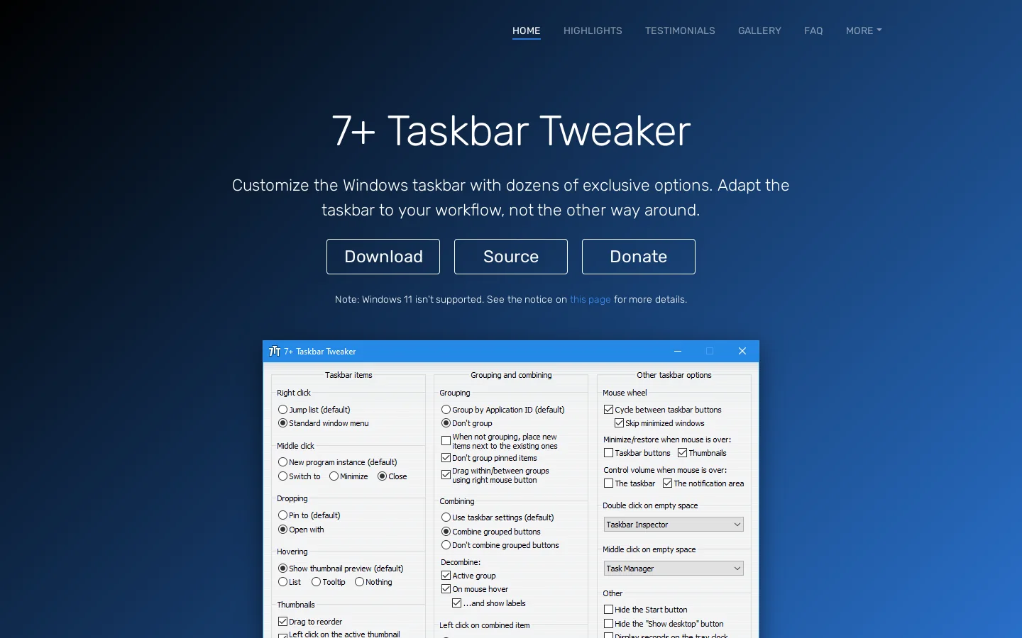 7+ Taskbar Tweaker - Windows Taskbar Customization Tool Homepage screenshot