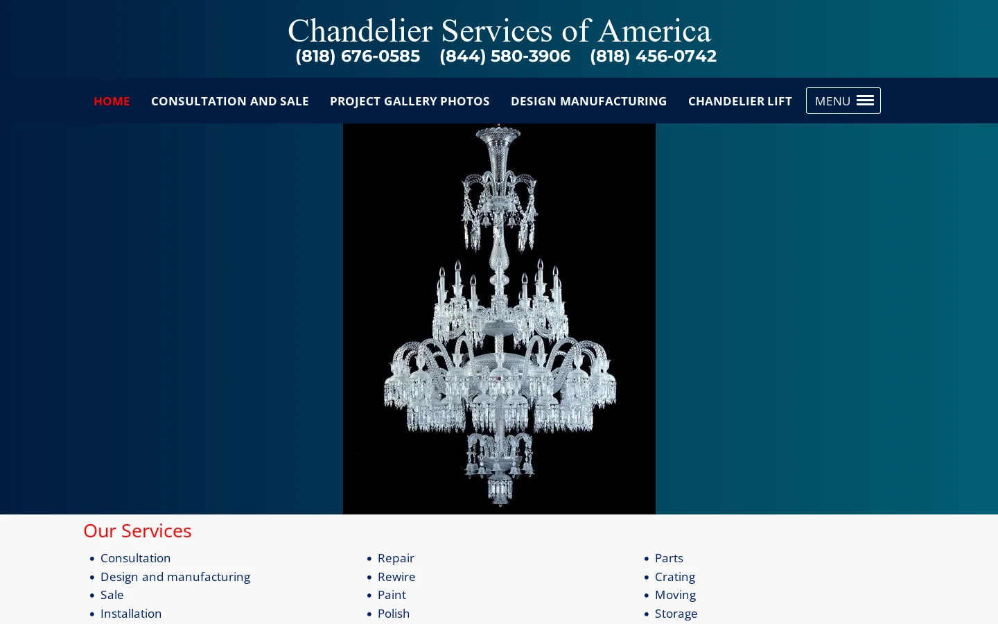 Chandelier and Light Fixture Services | Chandelier Services Of America Homepage screenshot