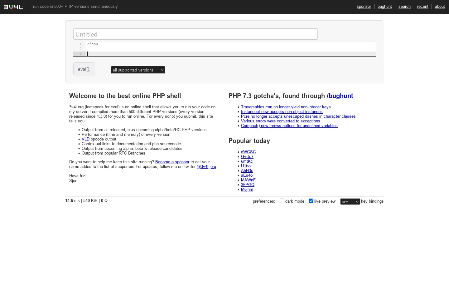 Online PHP editor | Test code in 500+ PHP versions Homepage screenshot