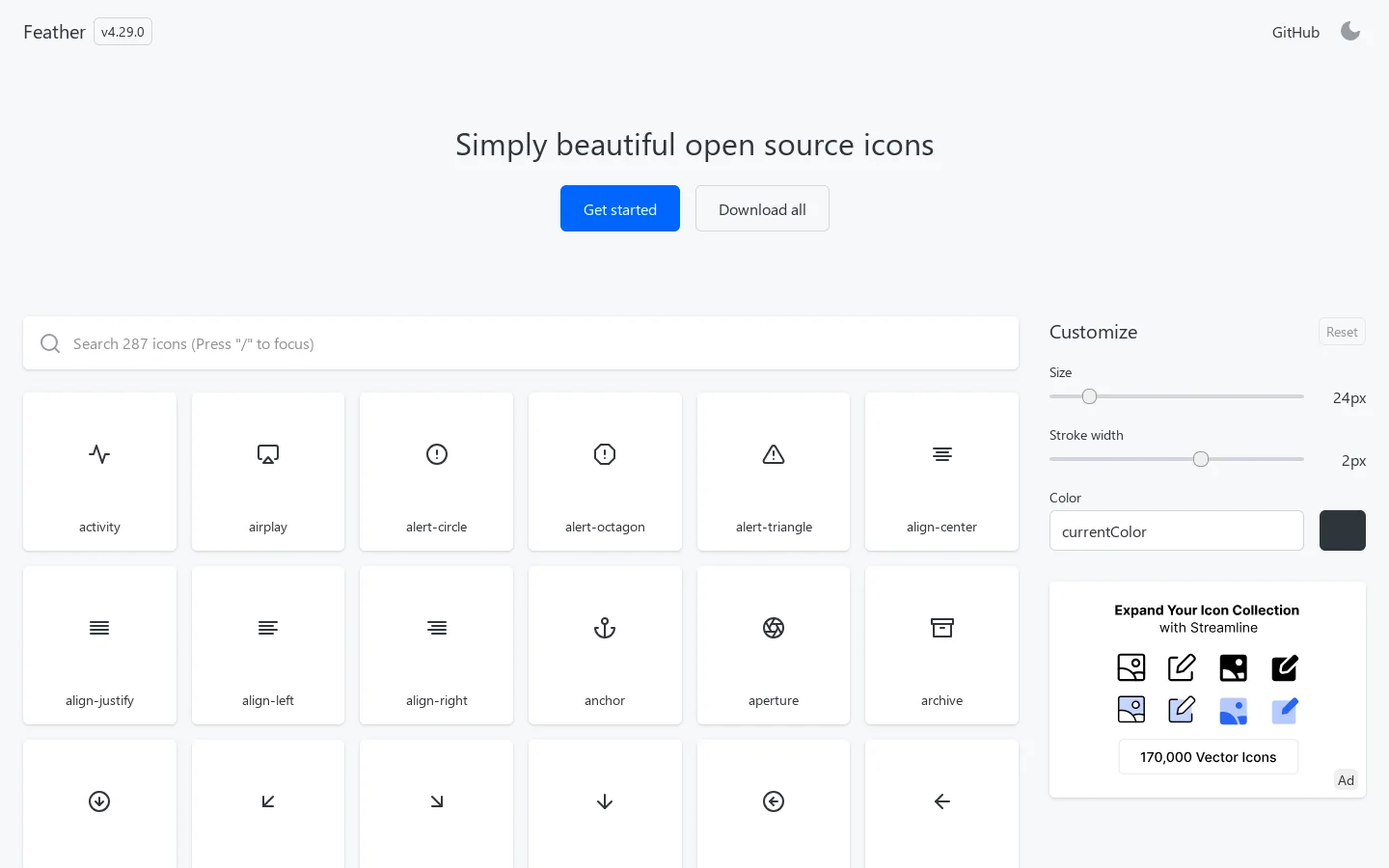 Feather – Simply beautiful open source icons Homepage screenshot