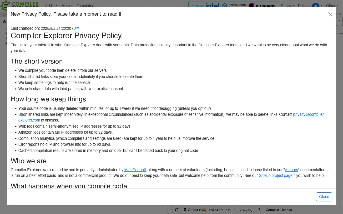 Compiler Explorer Homepage screenshot
