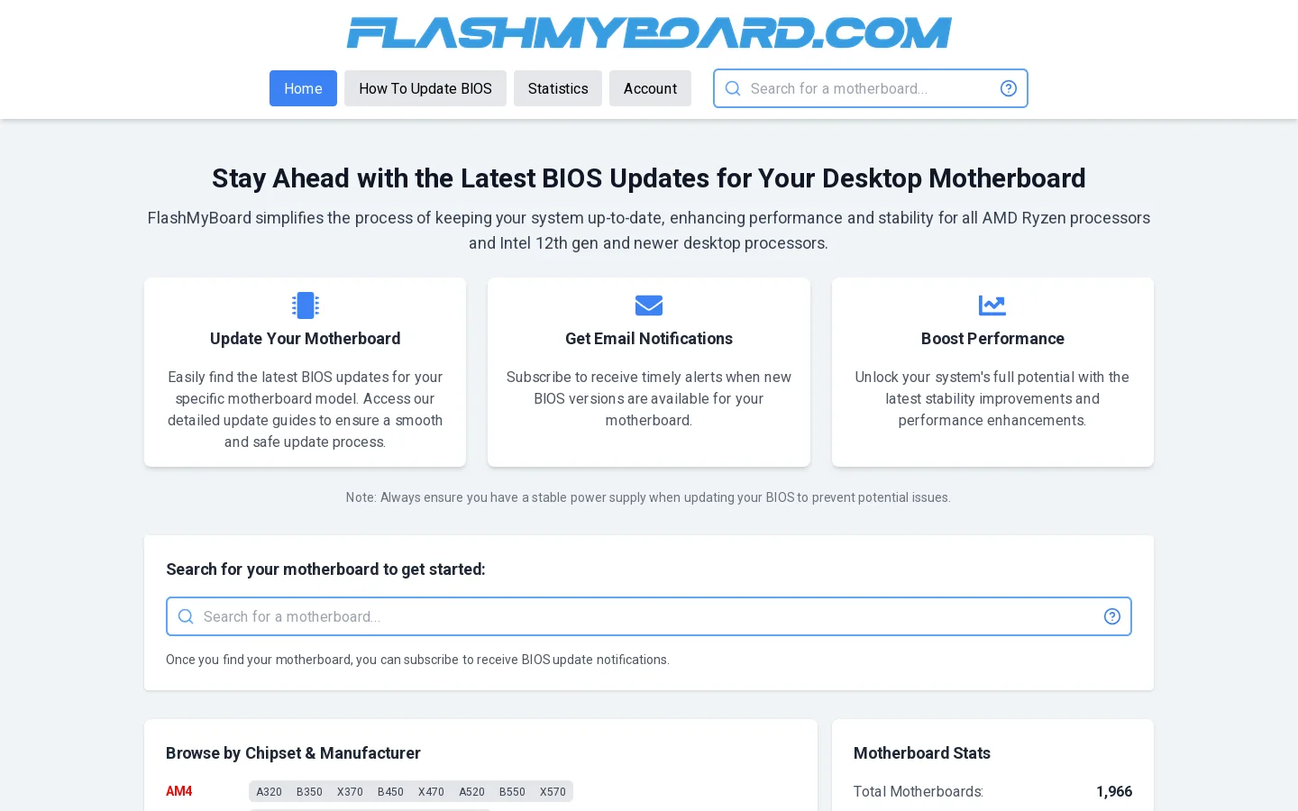 Simplify Motherboard BIOS Updates - Intel & AMD Database Homepage screenshot